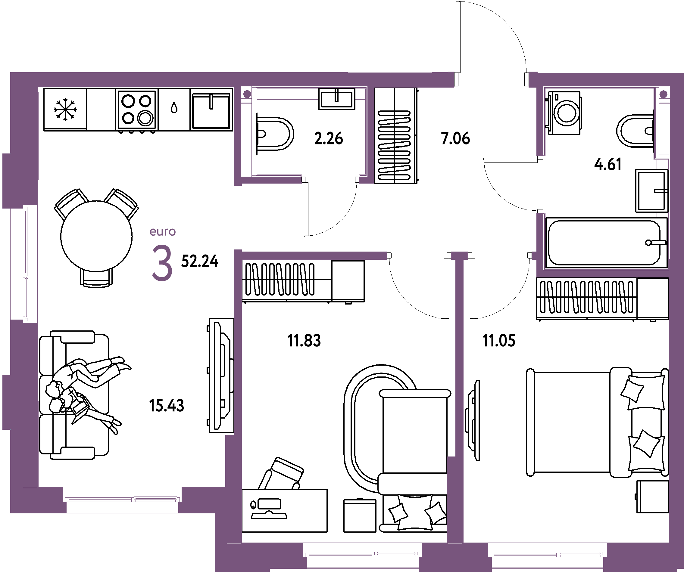 ЖК "Домашний"-3-комнатная 52.24 м²