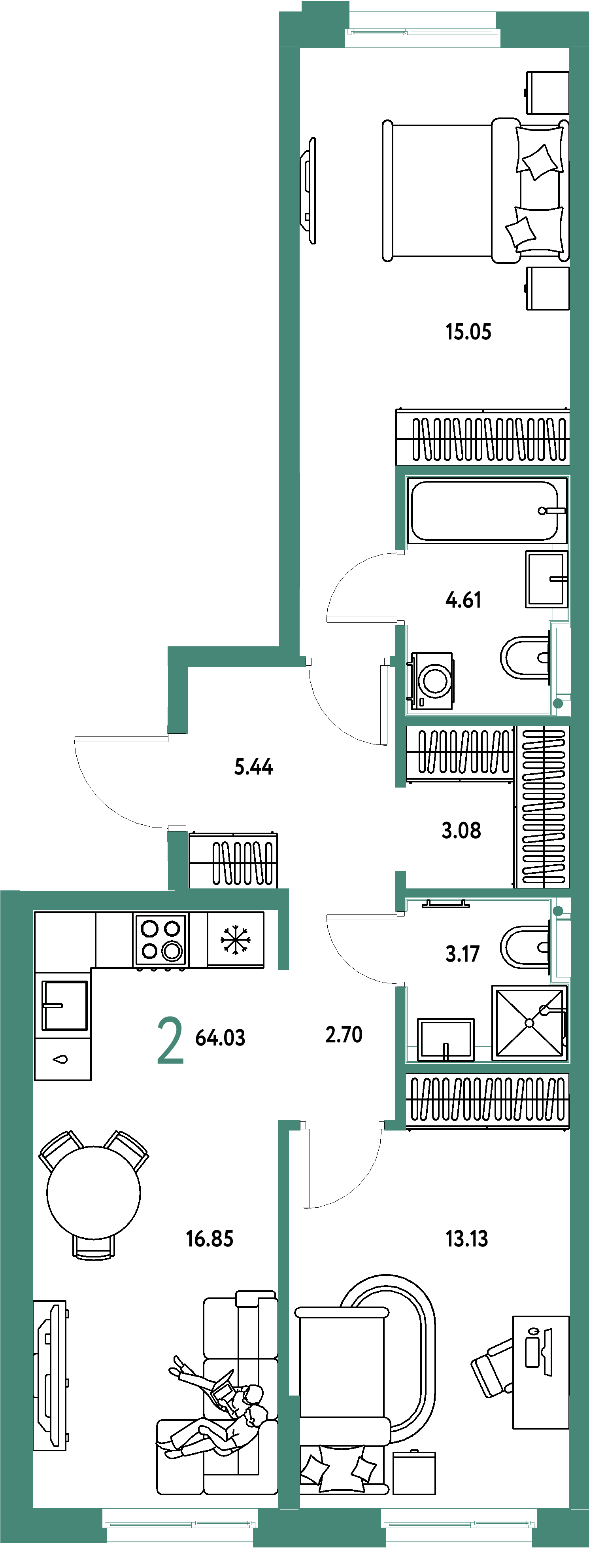 ЖК "Домашний"-2-комнатная 64.03 м²