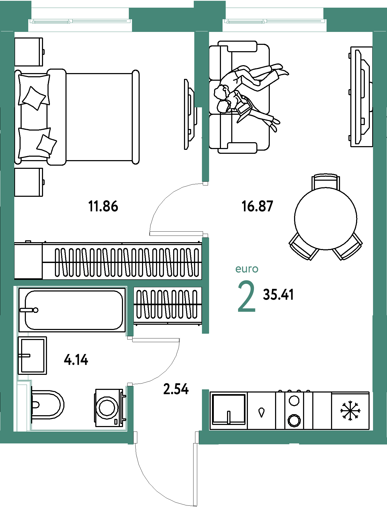 ЖК "Домашний"-2-комнатная 35.41 м²