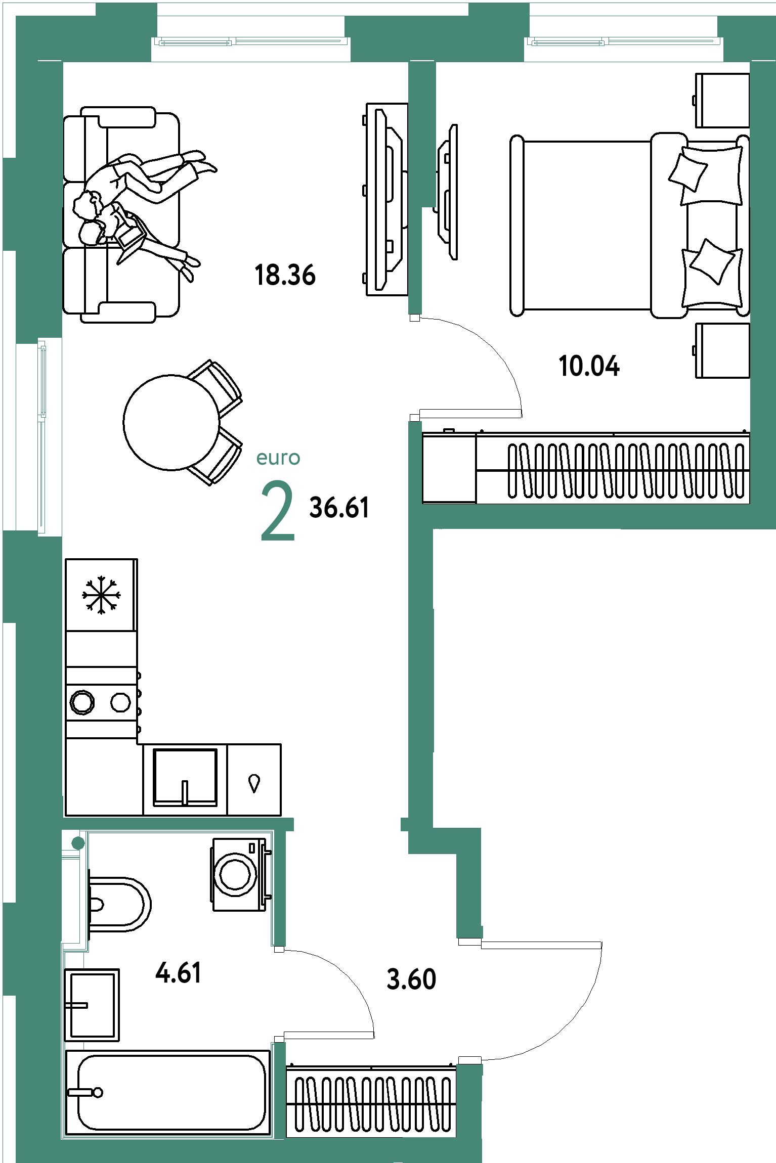 ЖК "Домашний"-2-комнатная 36.61 м²