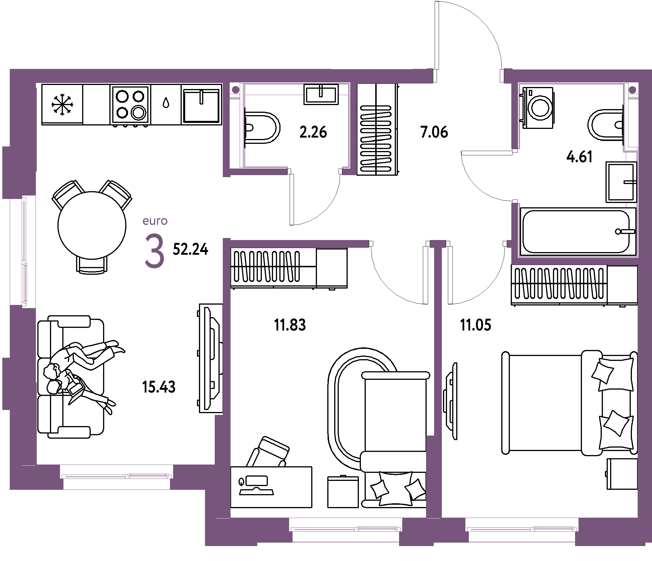 ЖК "Домашний"-3-комнатная 52.24 м²