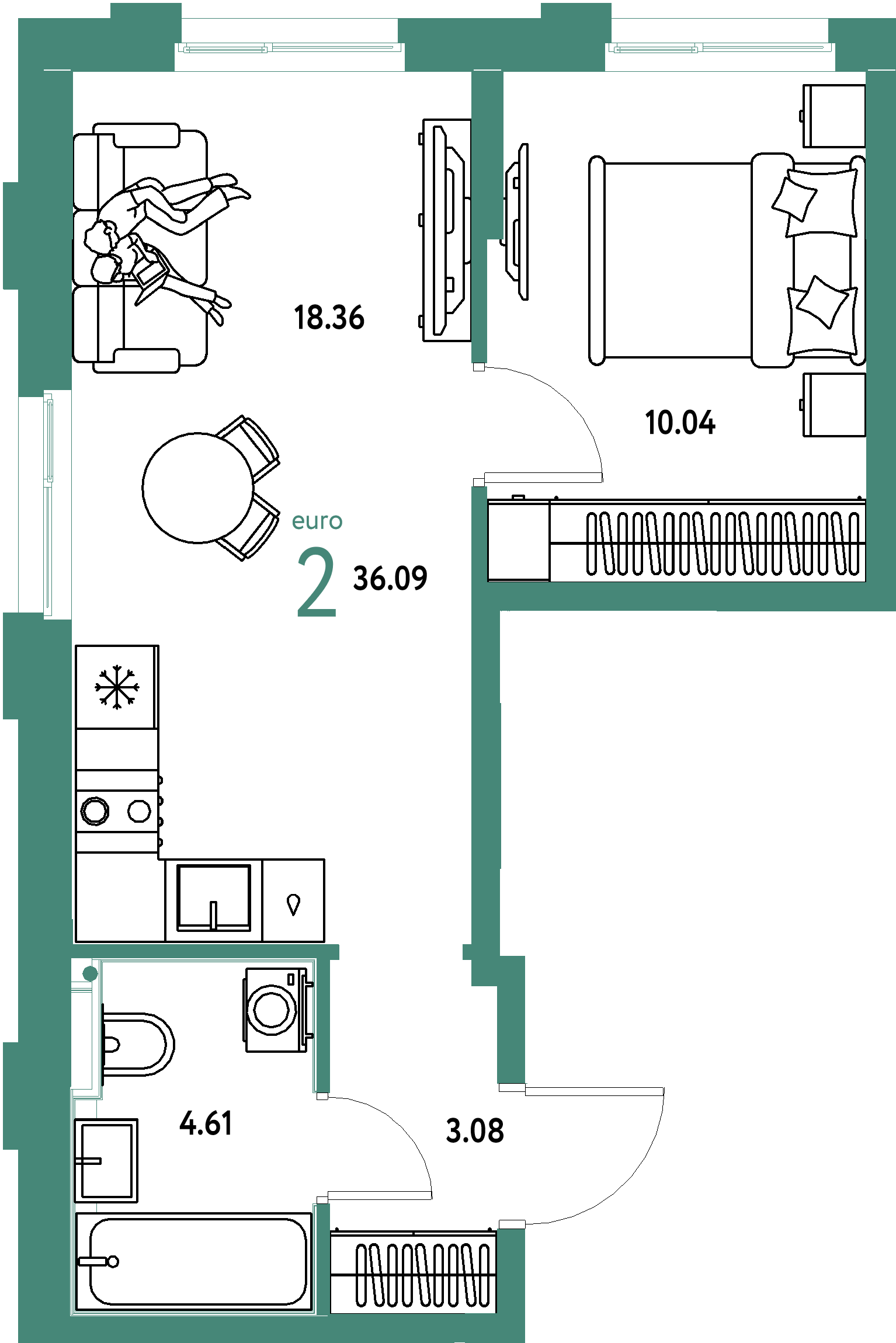 ЖК "Домашний"-2-комнатная 36.09 м²