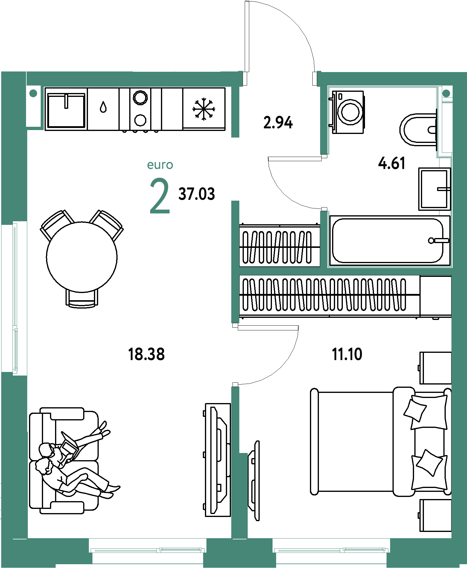ЖК "Домашний"-2-комнатная 37.03 м²