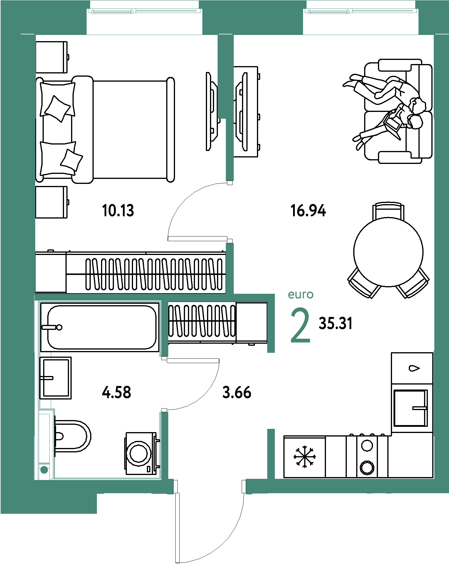 ЖК "Домашний"-2-комнатная 35.31 м²