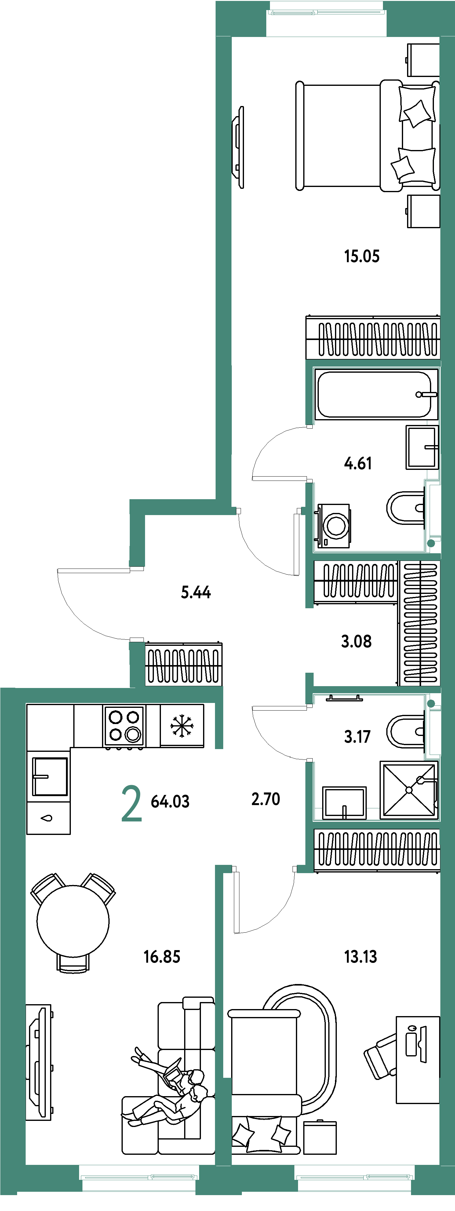 ЖК "Домашний"-2-комнатная 64.03 м²