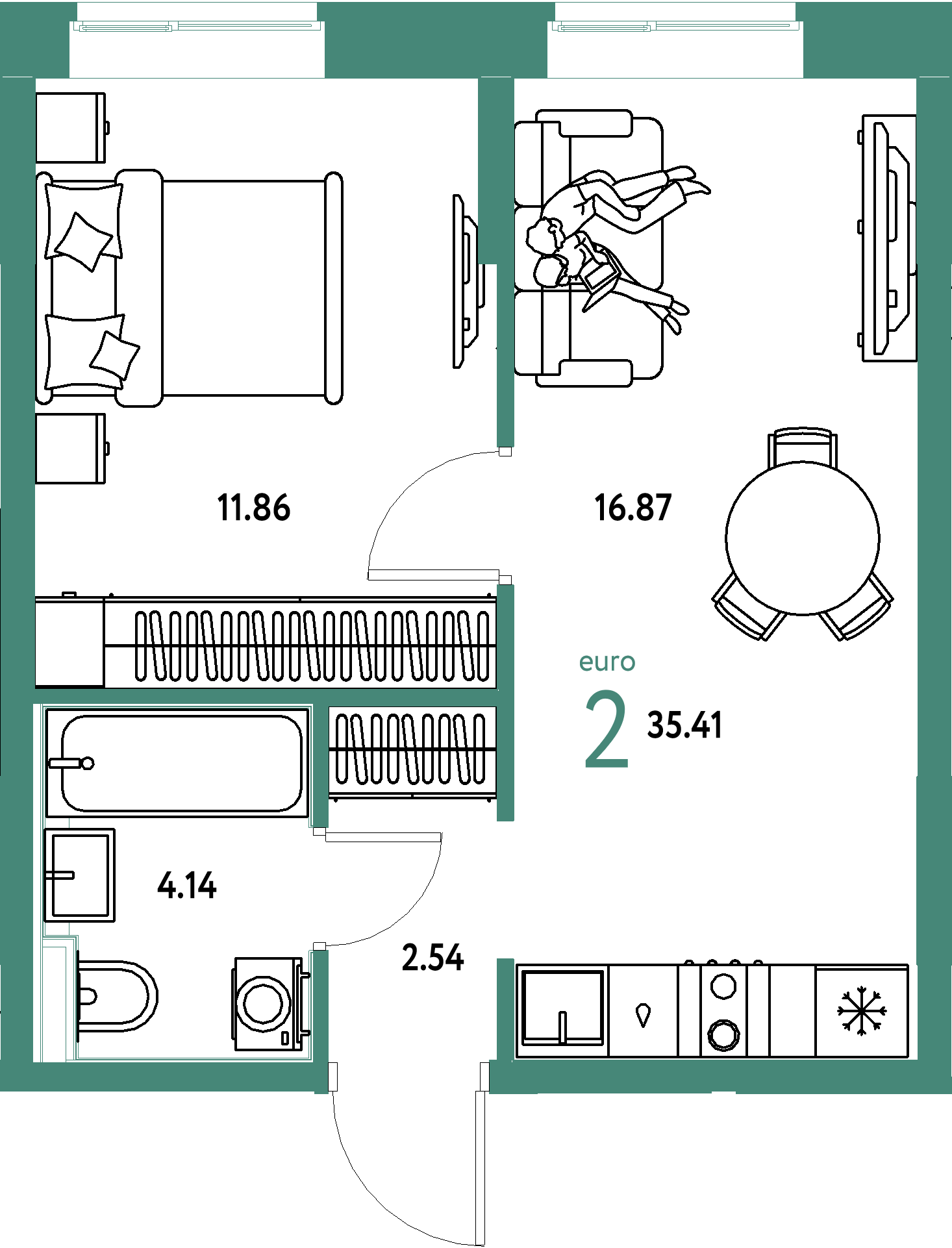 ЖК "Домашний"-2-комнатная 35.41 м²