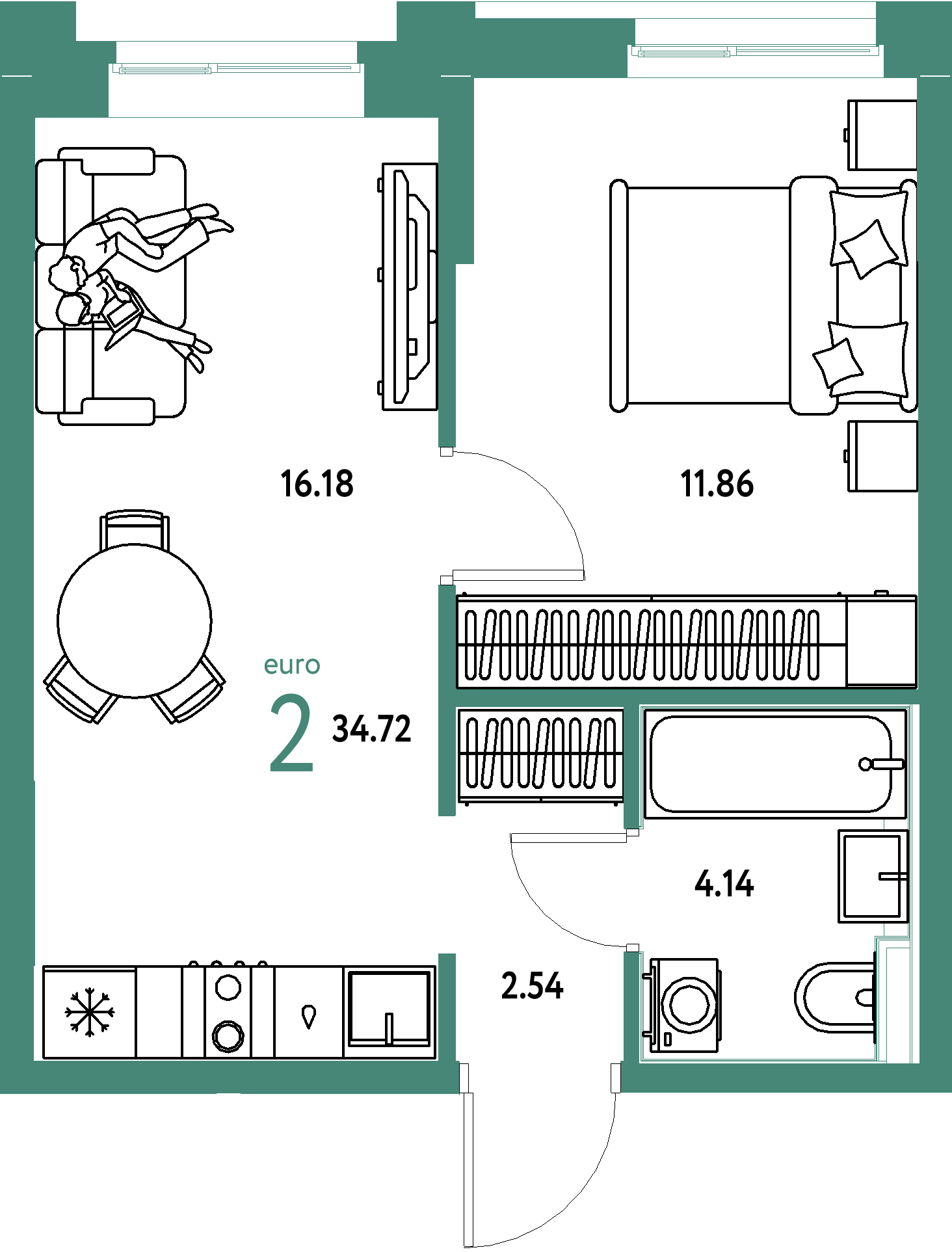 ЖК "Домашний"-2-комнатная 34.72 м²