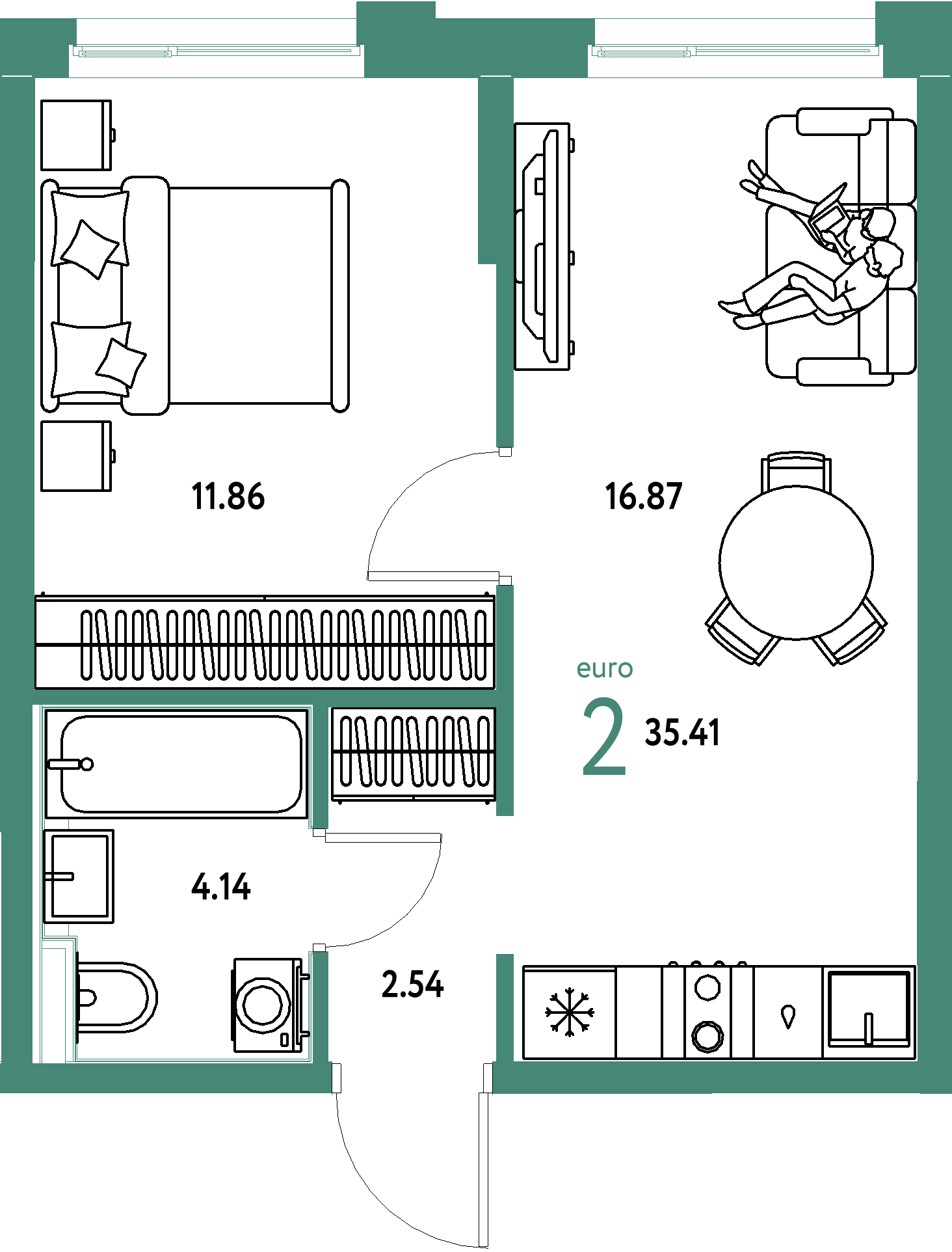 ЖК "Домашний"-2-комнатная 35.41 м²