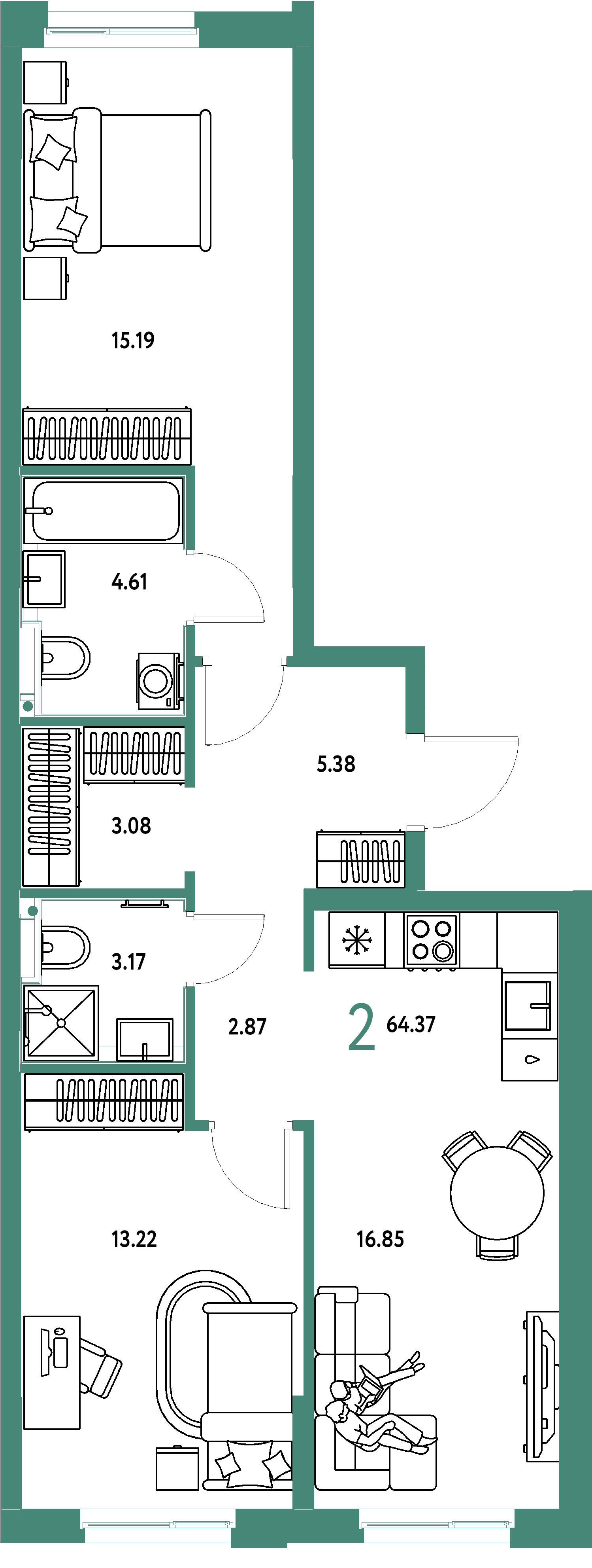 ЖК "Домашний"-2-комнатная 64.37 м²