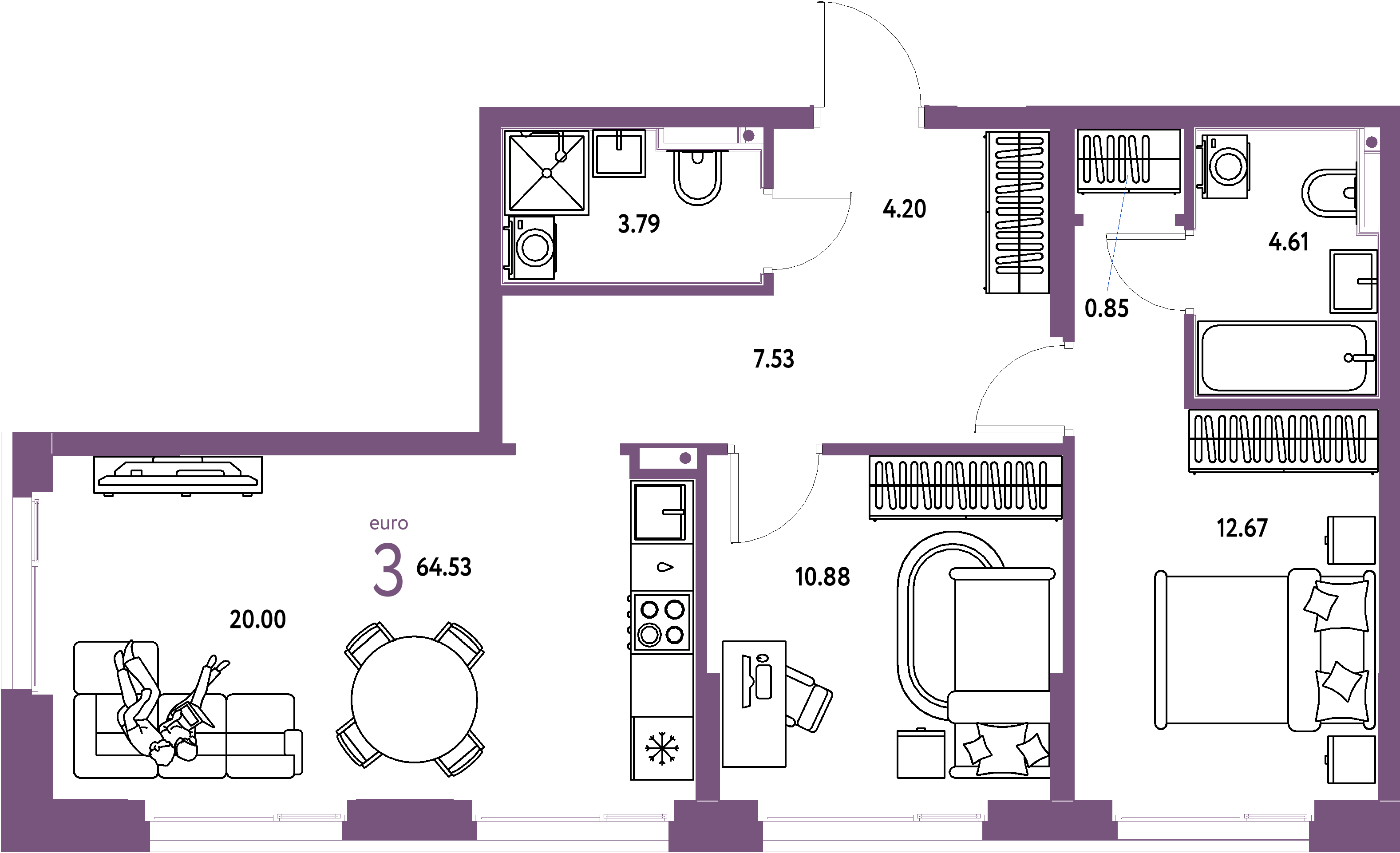 ЖК "Домашний"-3-комнатная 64.64 м²