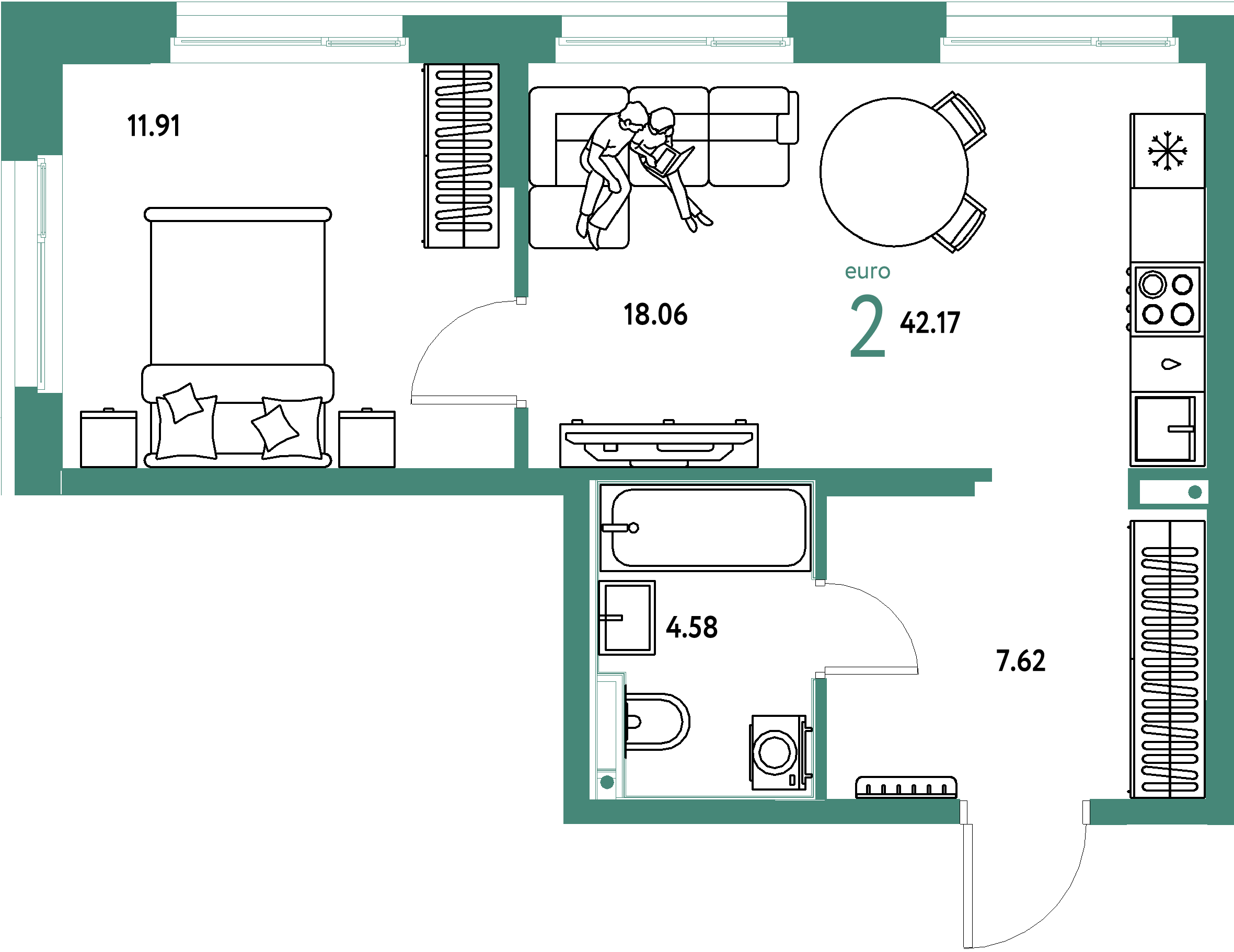 ЖК "Домашний"-2-комнатная 42.17 м²