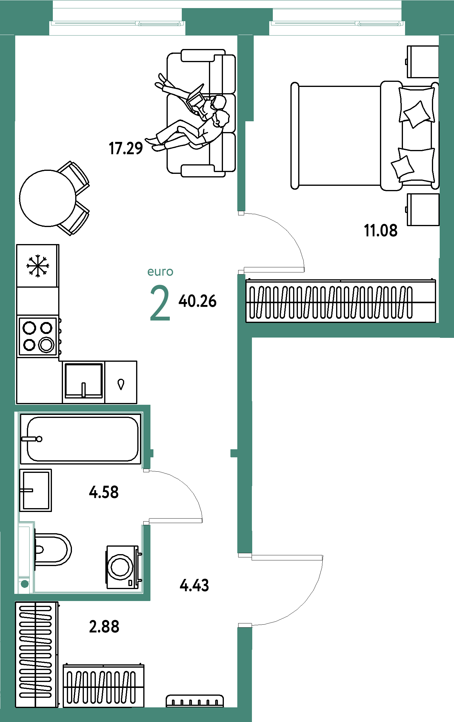ЖК "Домашний"-2-комнатная 40.26 м²