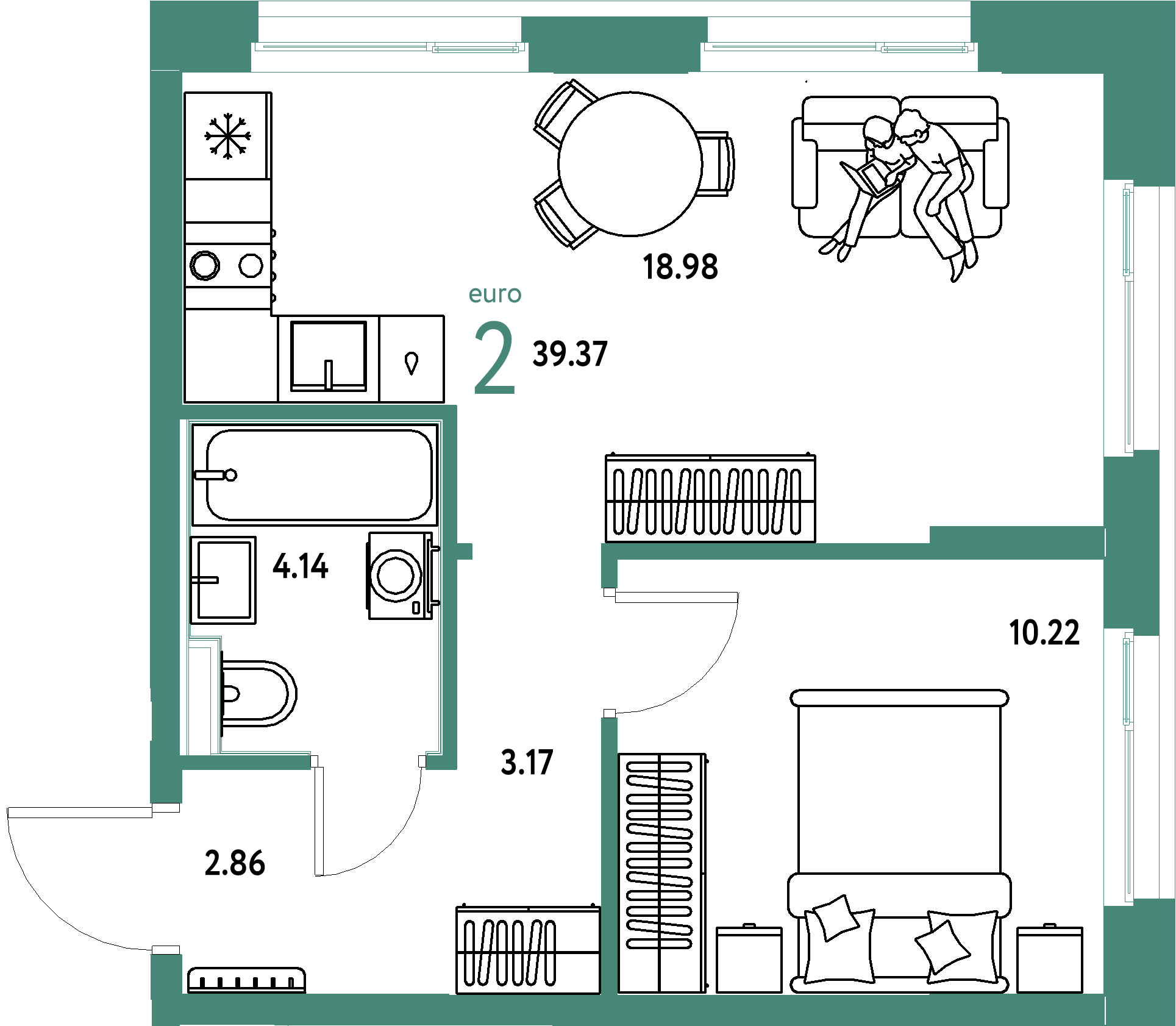 ЖК "Домашний"-2-комнатная 39.37 м²