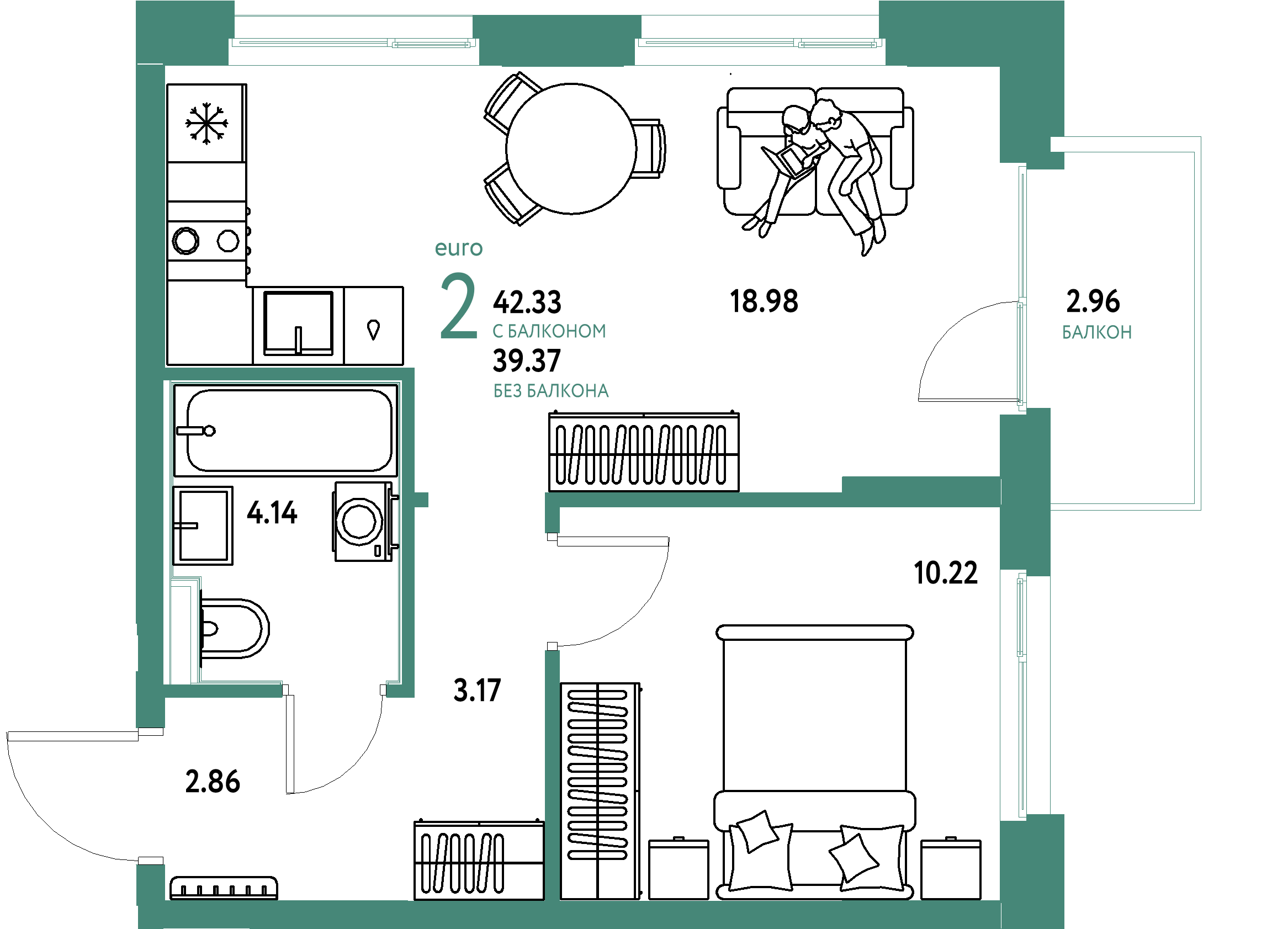 ЖК "Домашний"-2-комнатная 42.33 м²