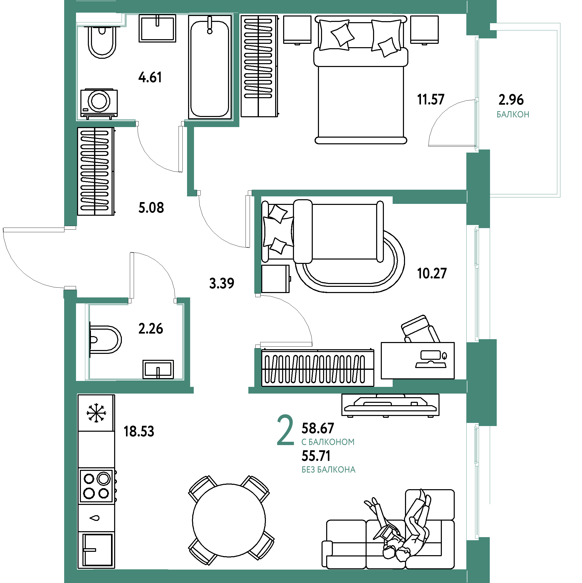 ЖК "Домашний"-2-комнатная 58.67 м²