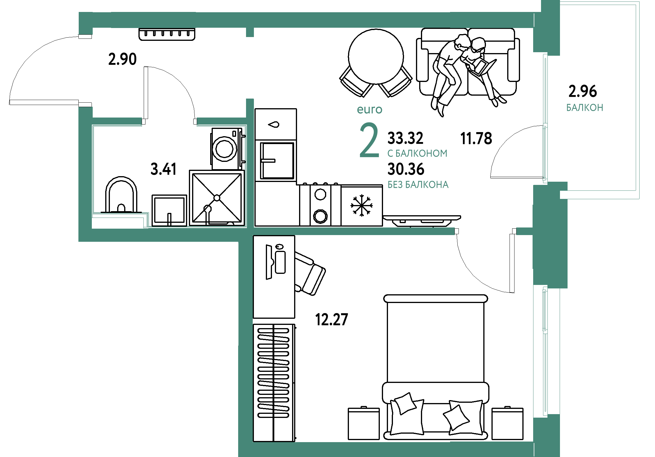 ЖК "Домашний"-2-комнатная 33.32 м²