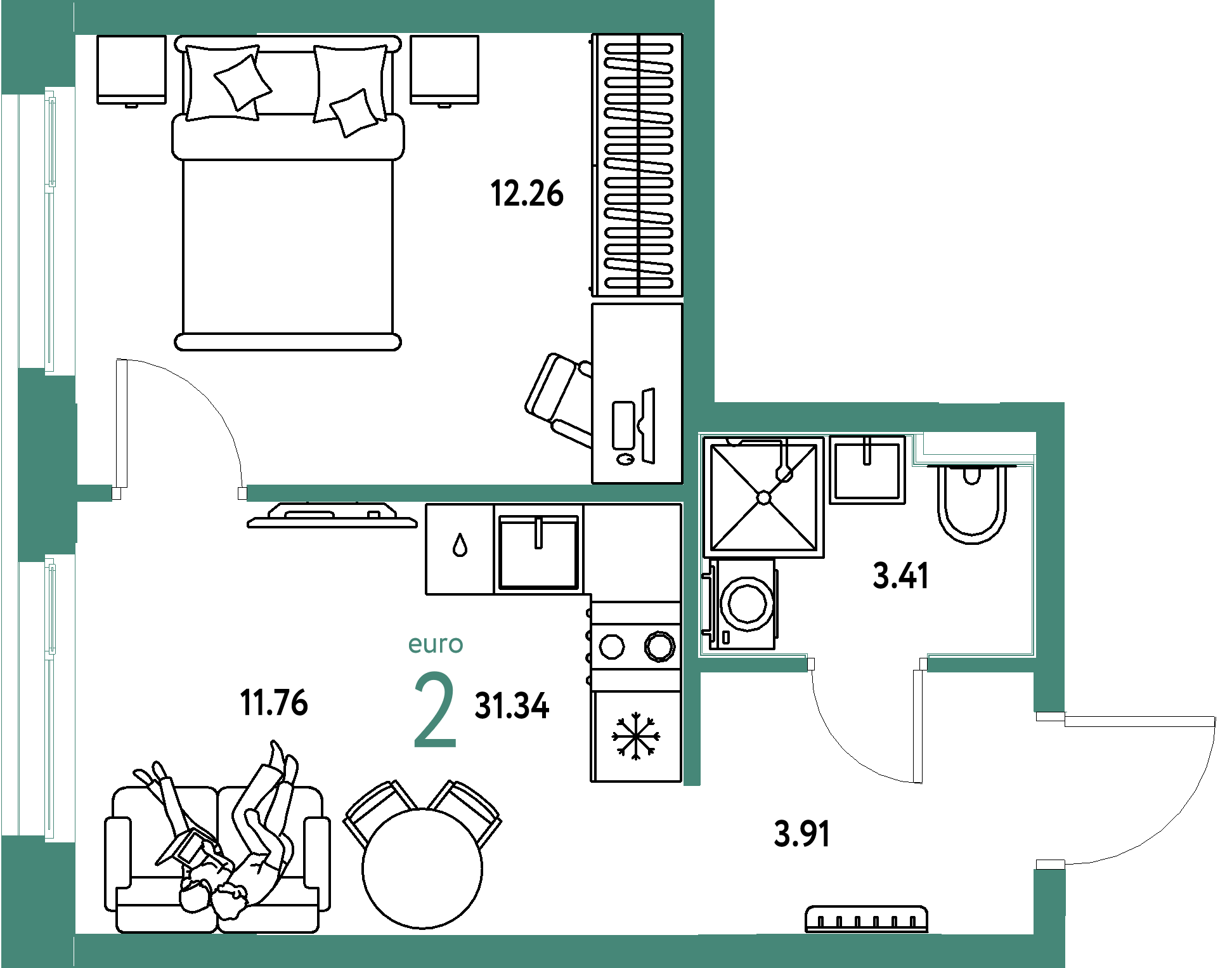 ЖК "Домашний"-2-комнатная 31.34 м²