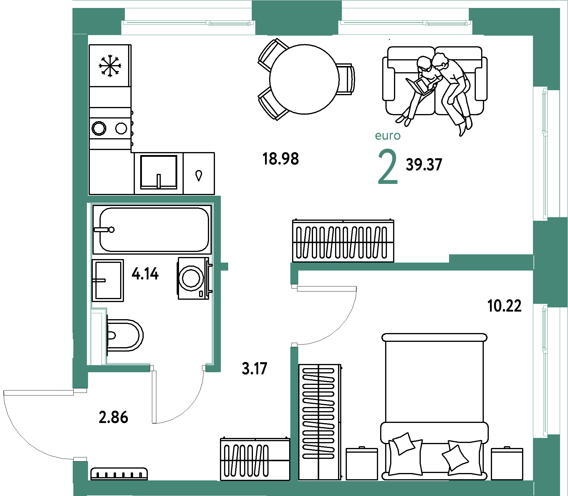ЖК "Домашний"-2-комнатная 39.37 м²