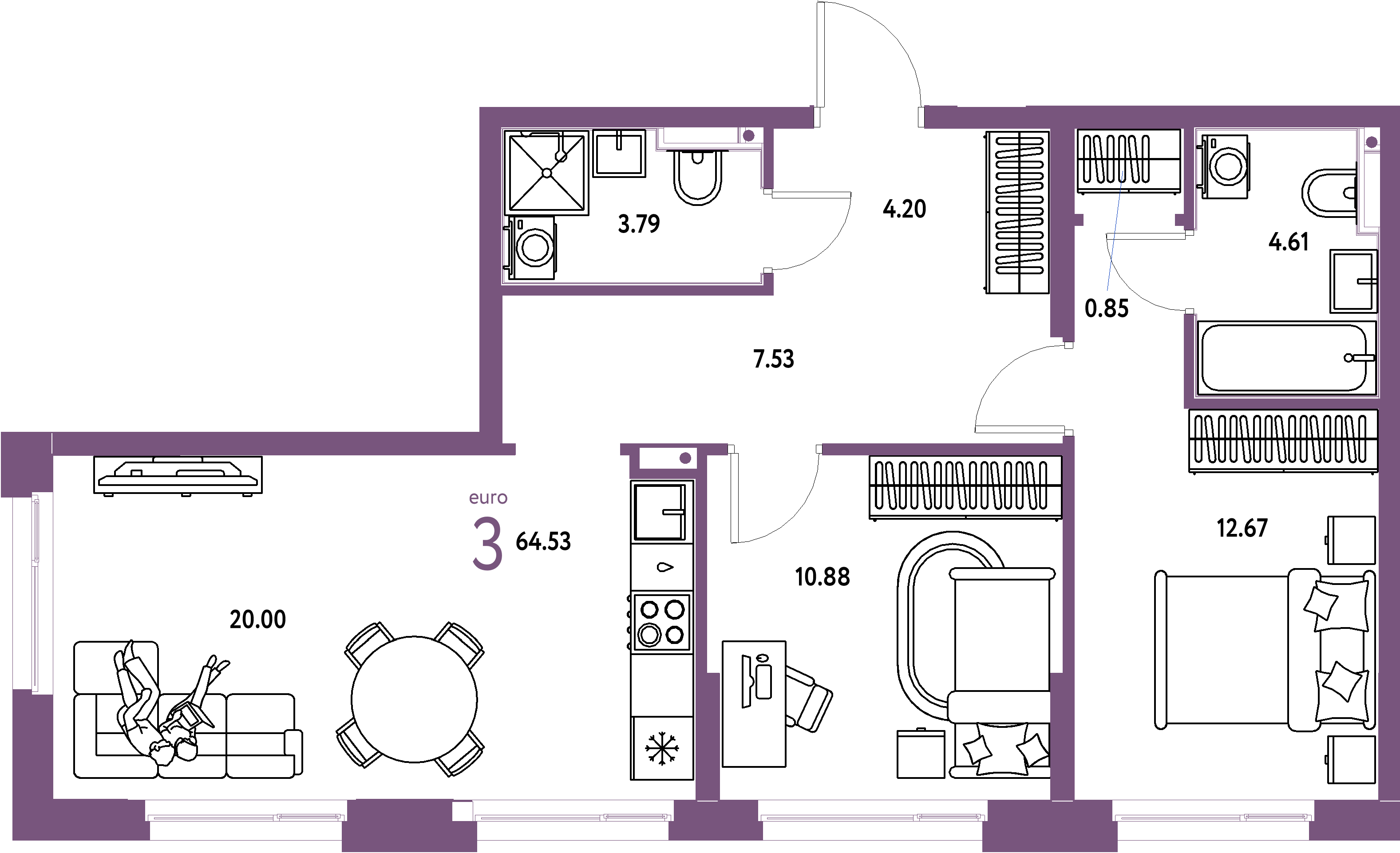 ЖК "Домашний"-3-комнатная 64.64 м²