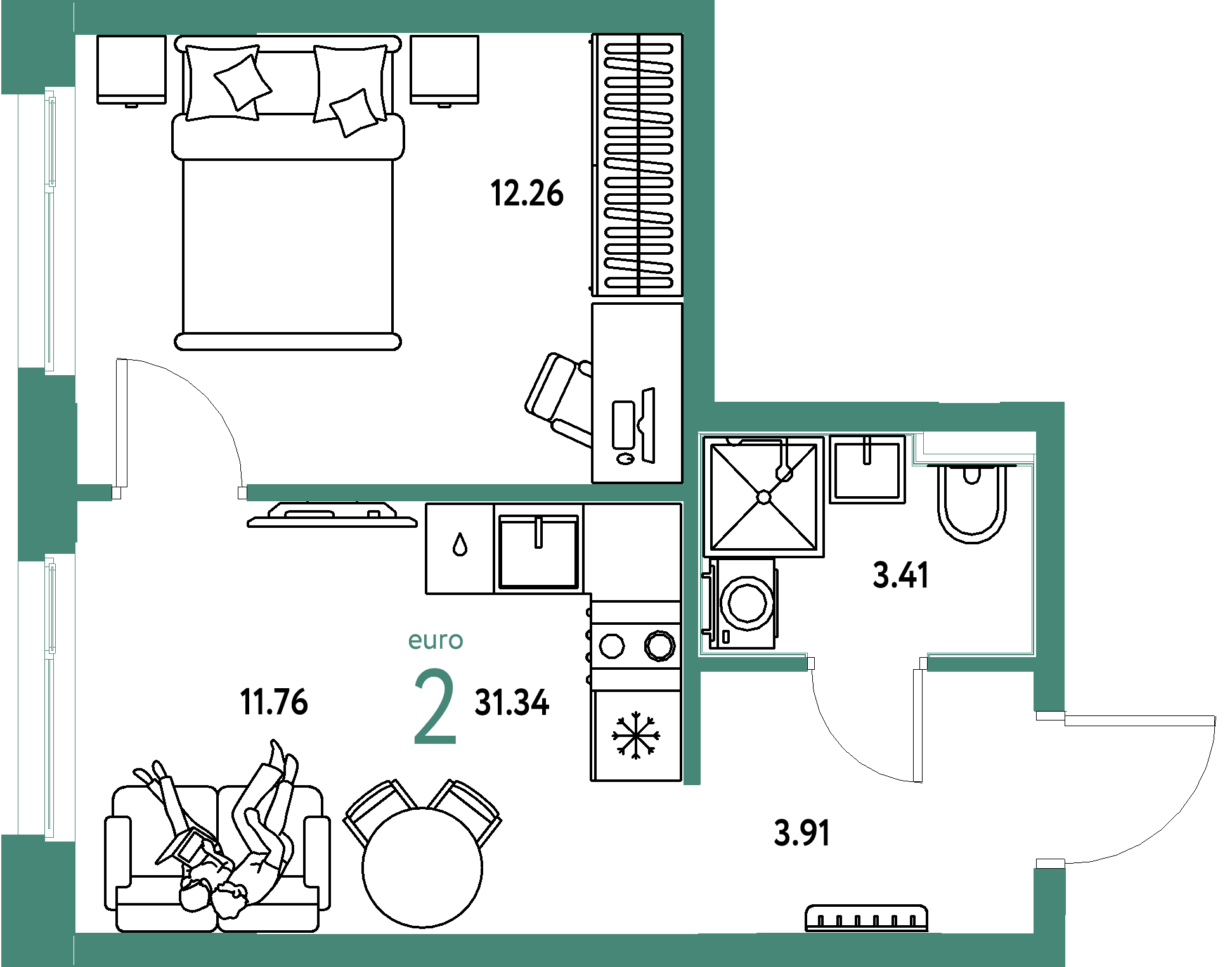 ЖК "Домашний"-2-комнатная 31.34 м²