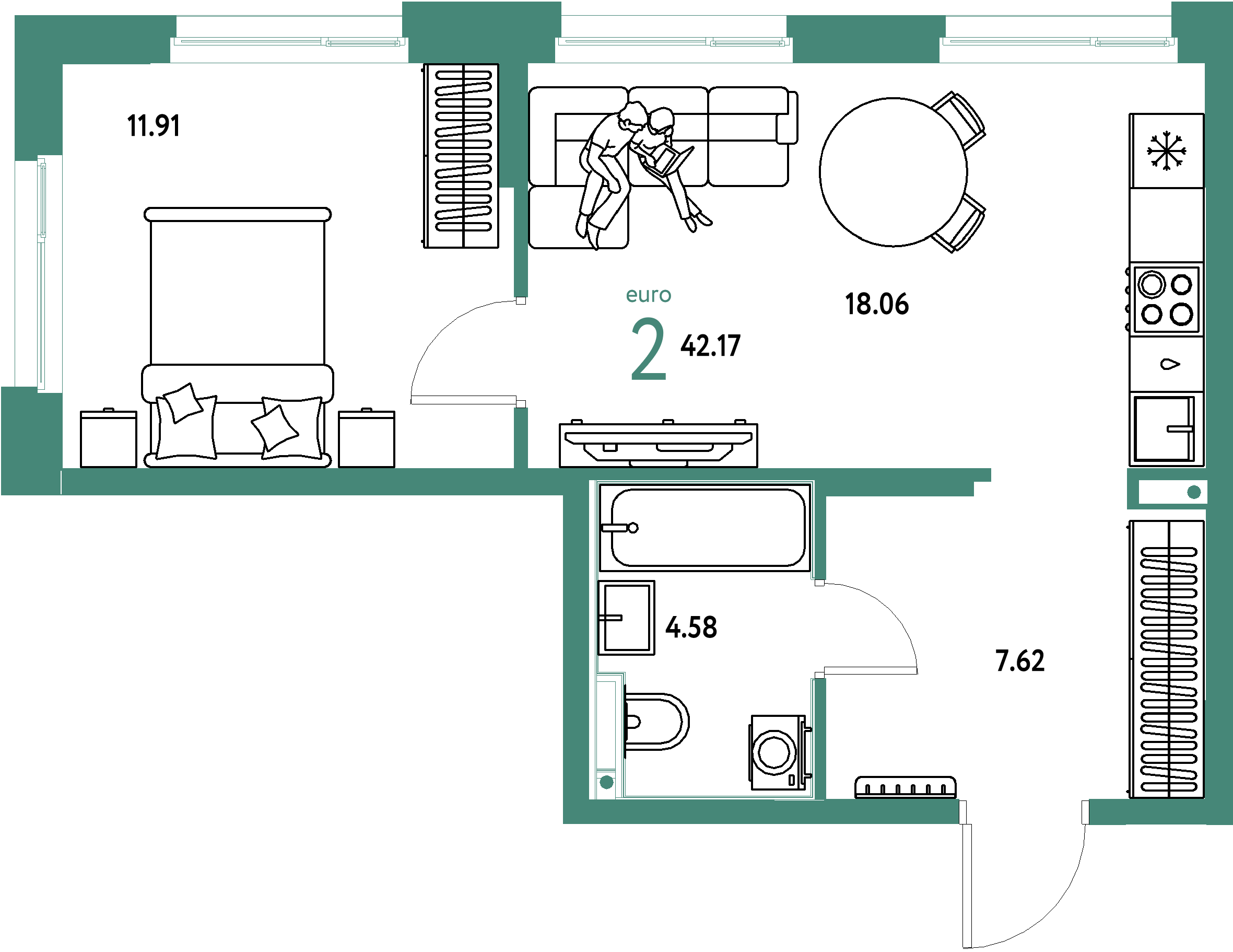 ЖК "Домашний"-2-комнатная 42.17 м²