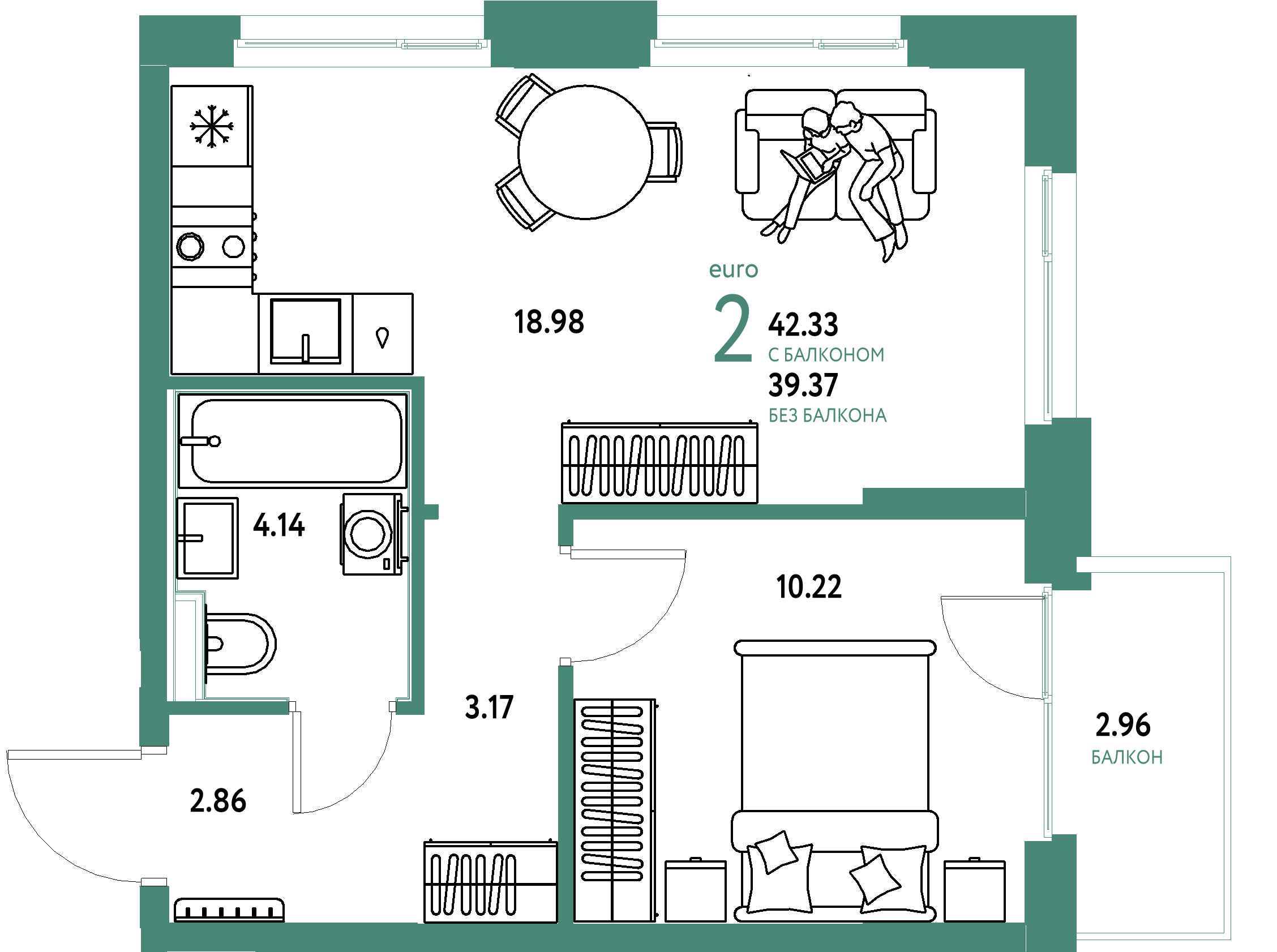 ЖК "Домашний"-2-комнатная 42.33 м²