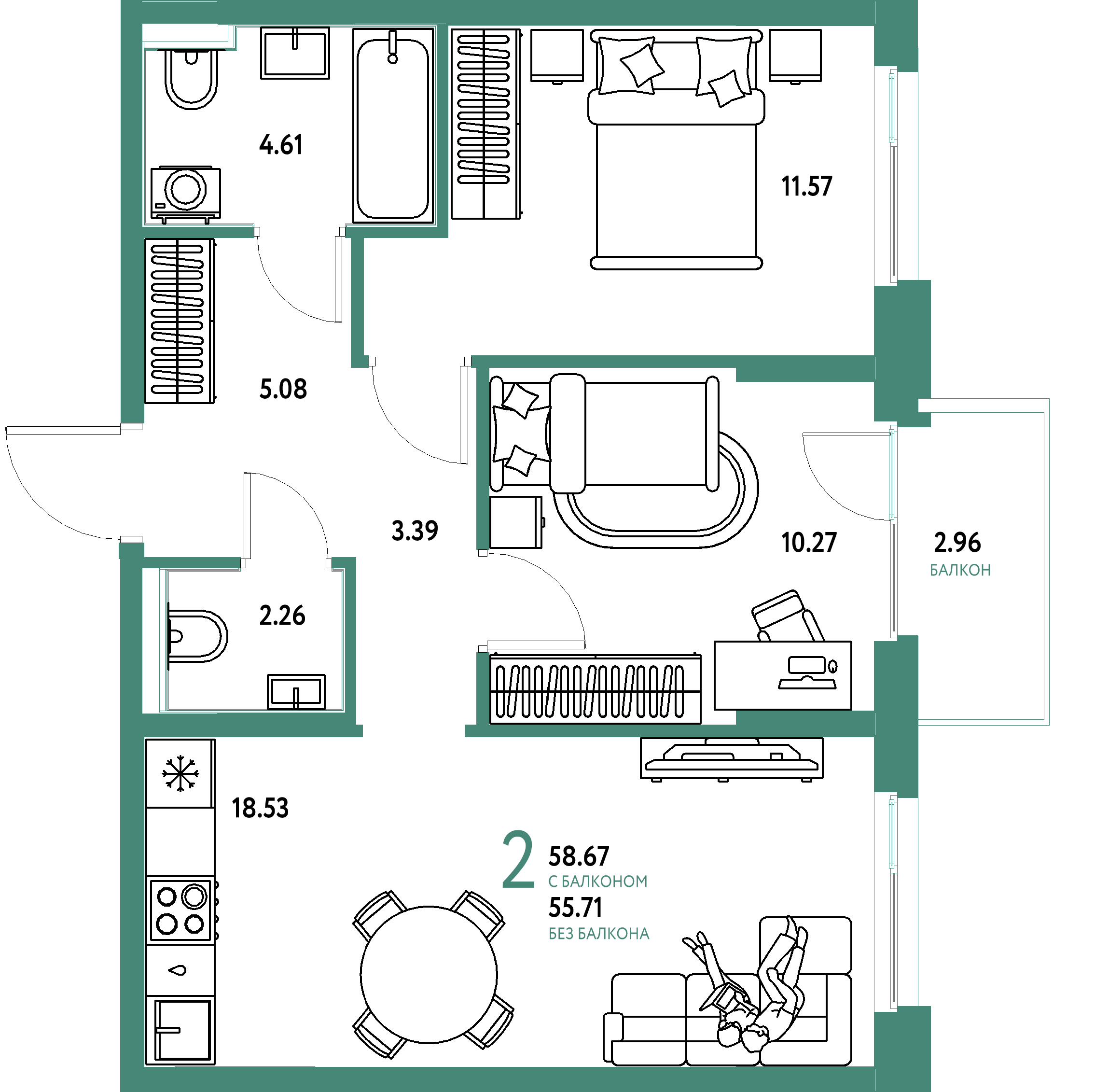 ЖК "Домашний"-2-комнатная 58.67 м²