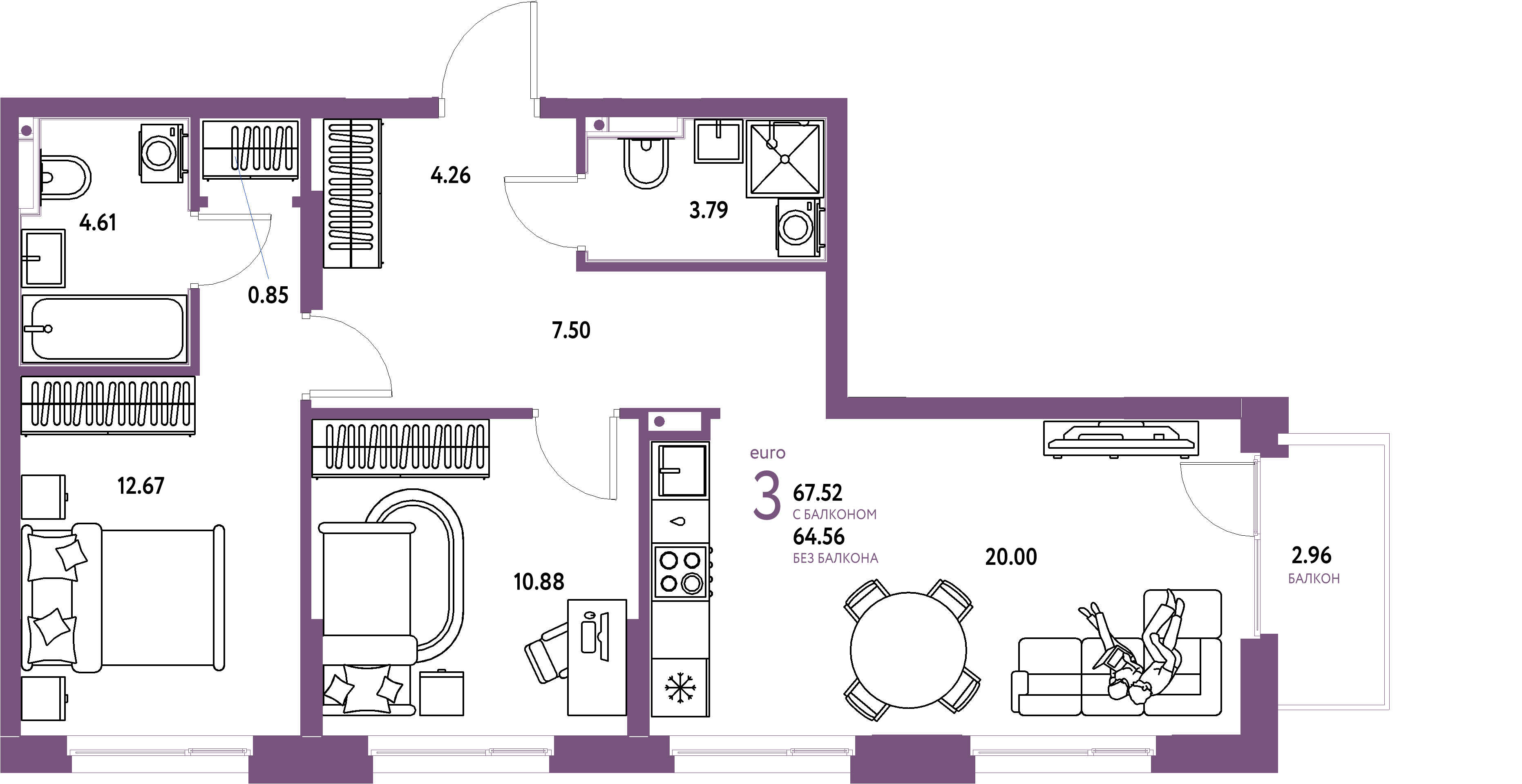 ЖК "Домашний"-3-комнатная 67.63 м²