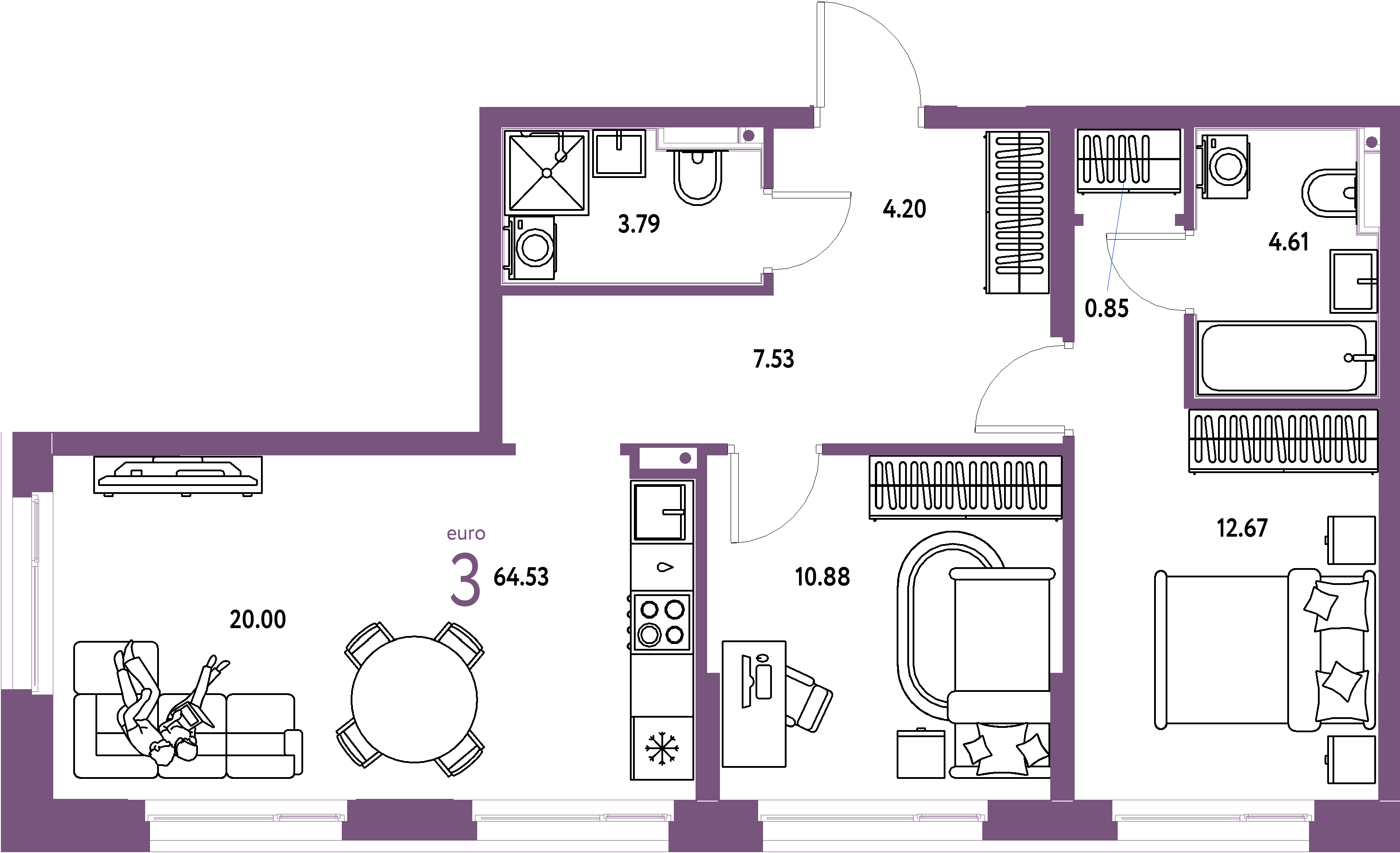ЖК "Домашний"-3-комнатная 64.64 м²