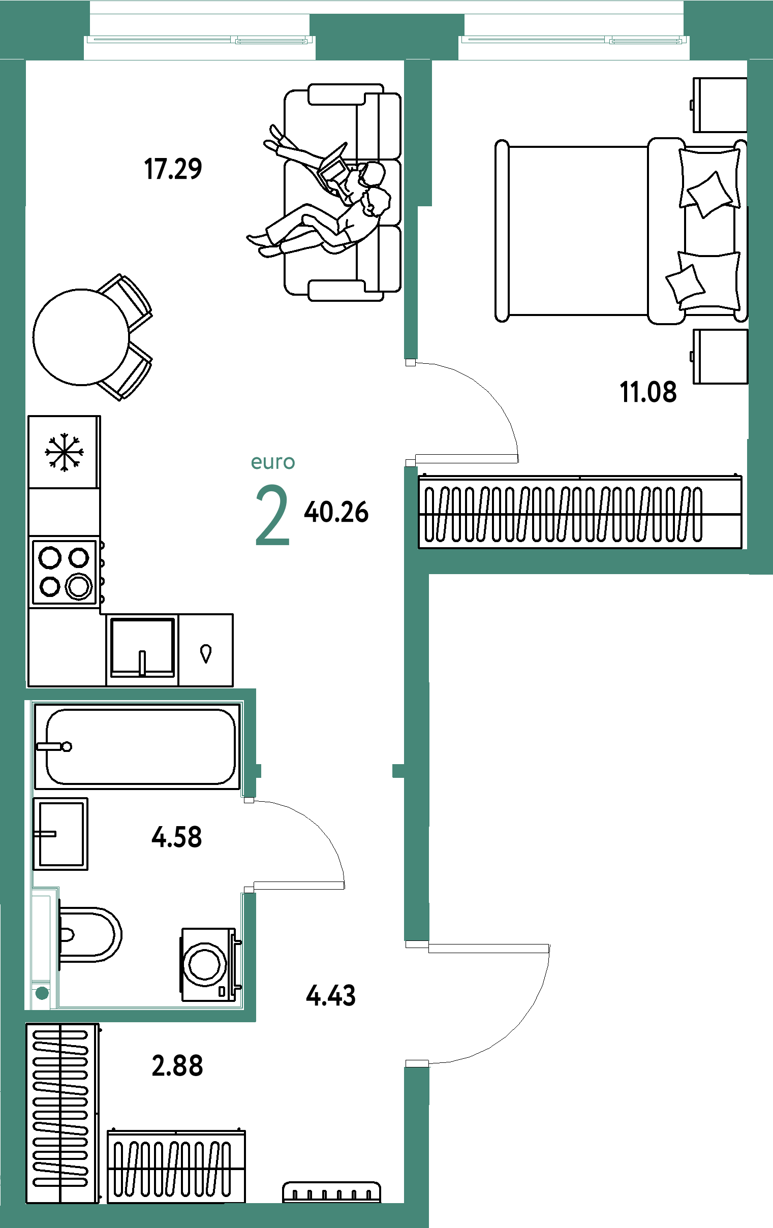 ЖК "Домашний"-2-комнатная 40.26 м²