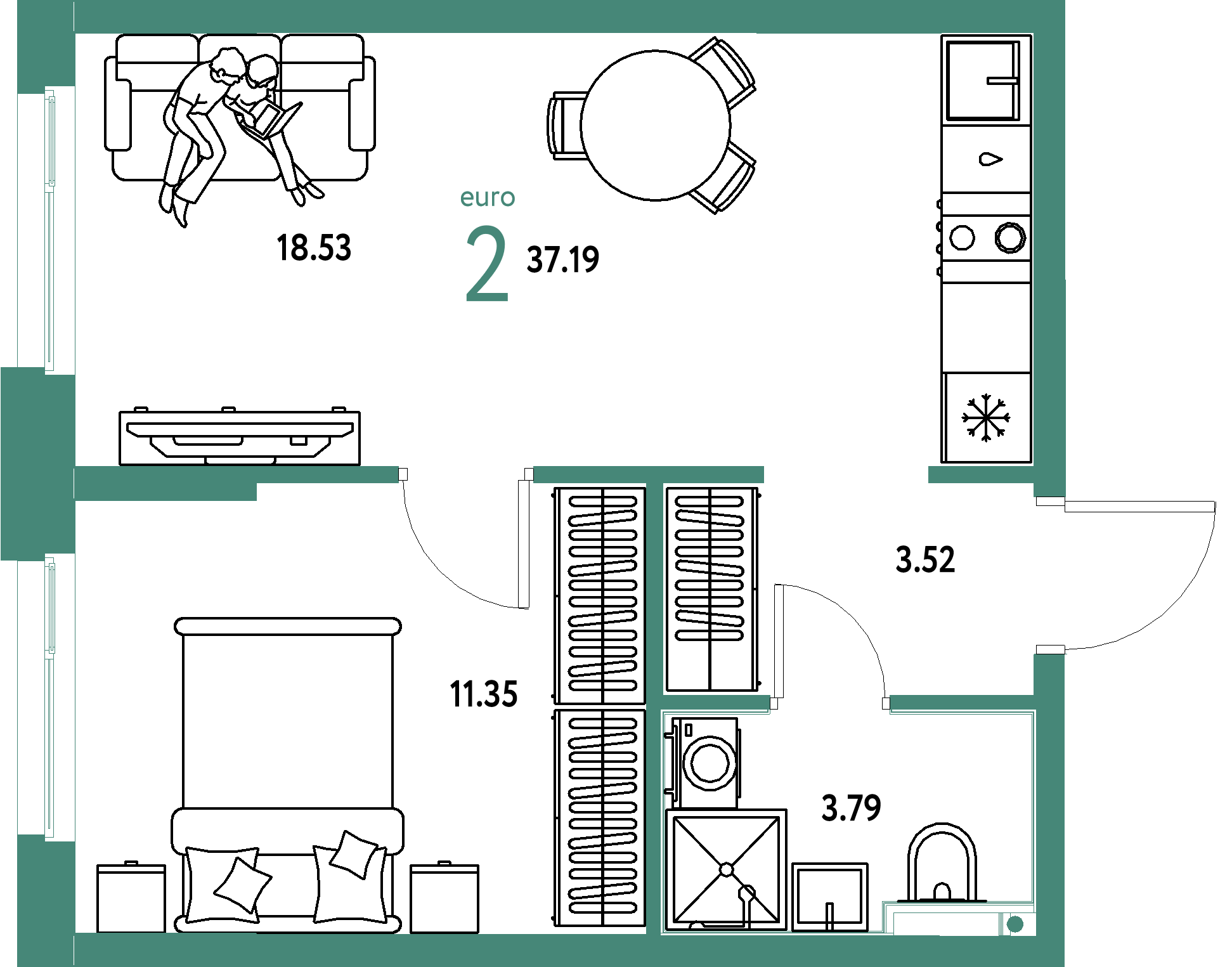 ЖК "Домашний"-2-комнатная 37.19 м²