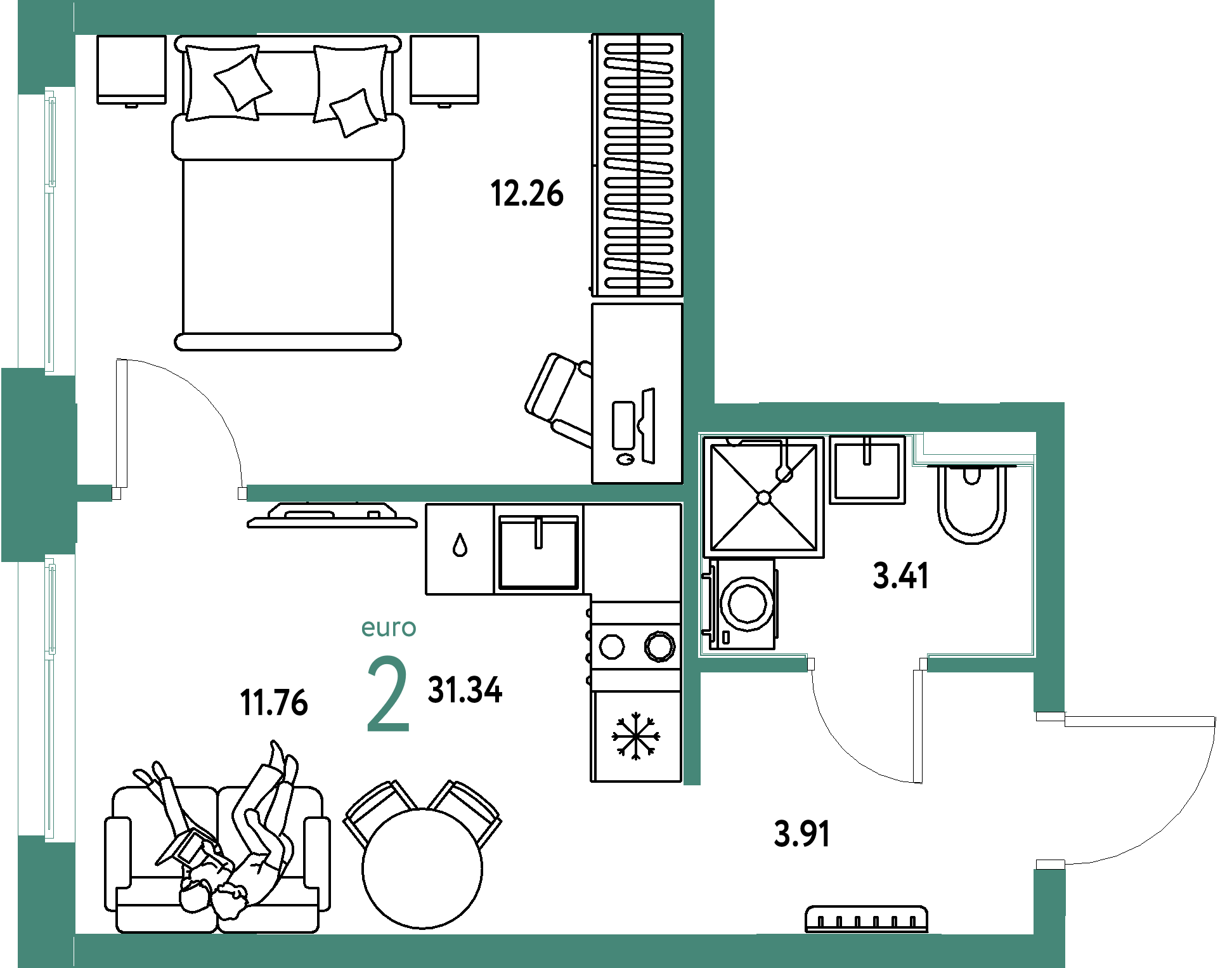 ЖК "Домашний"-2-комнатная 31.34 м²
