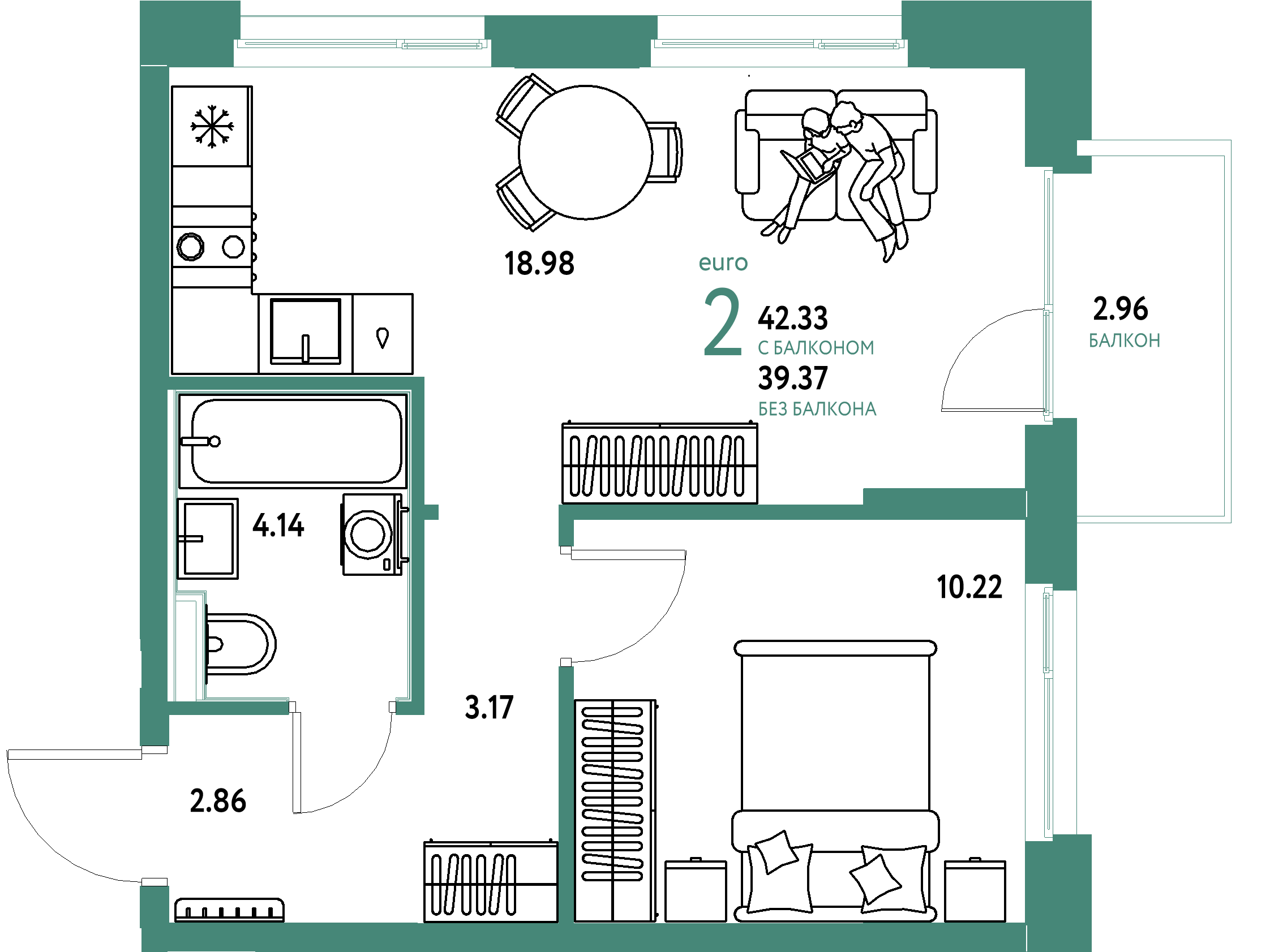 ЖК "Домашний"-2-комнатная 42.33 м²