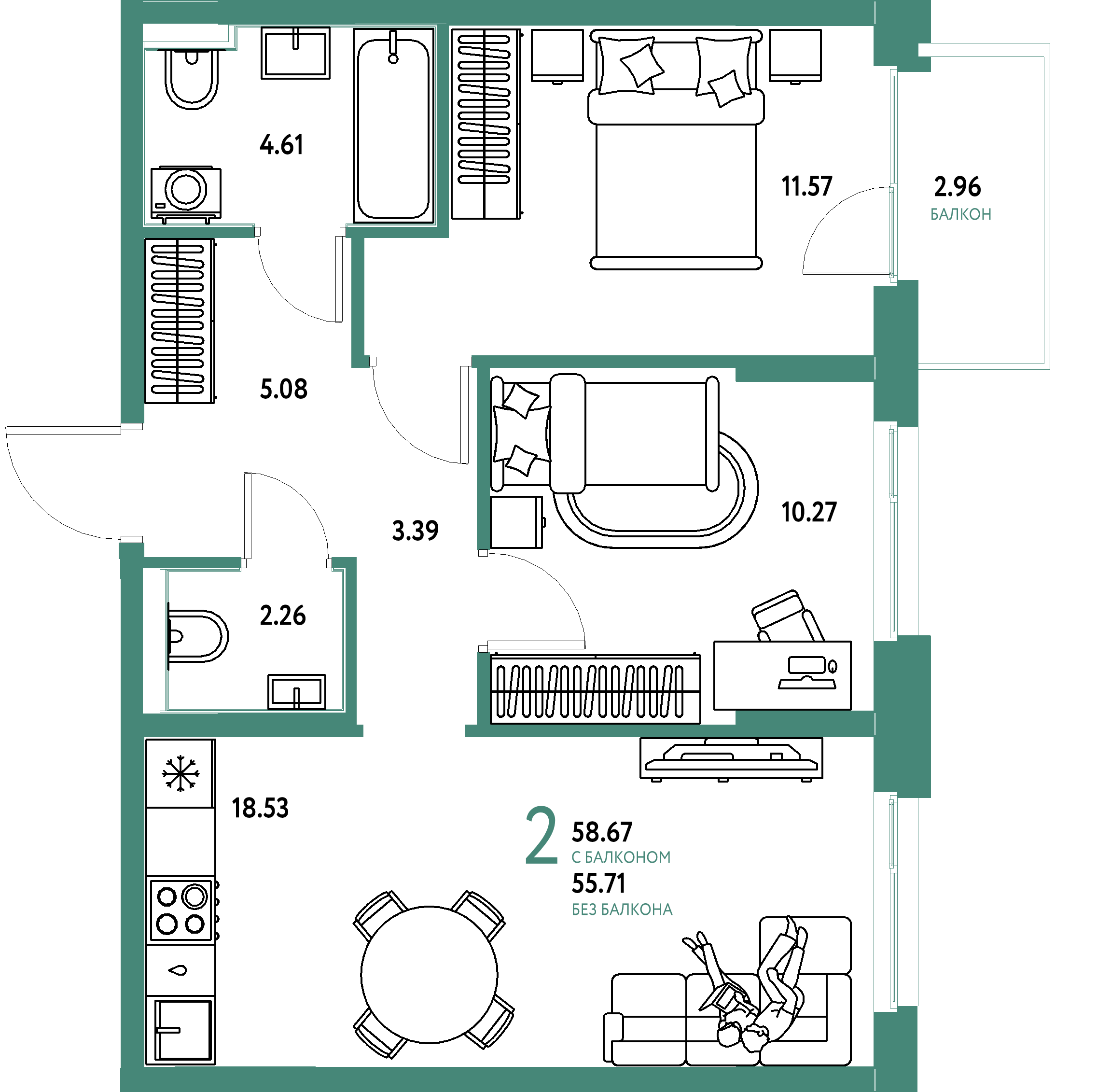 ЖК "Домашний"-2-комнатная 58.67 м²