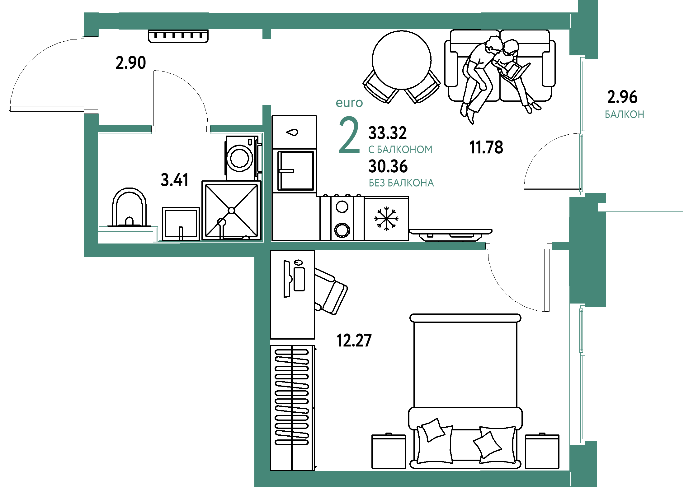 ЖК "Домашний"-2-комнатная 33.32 м²