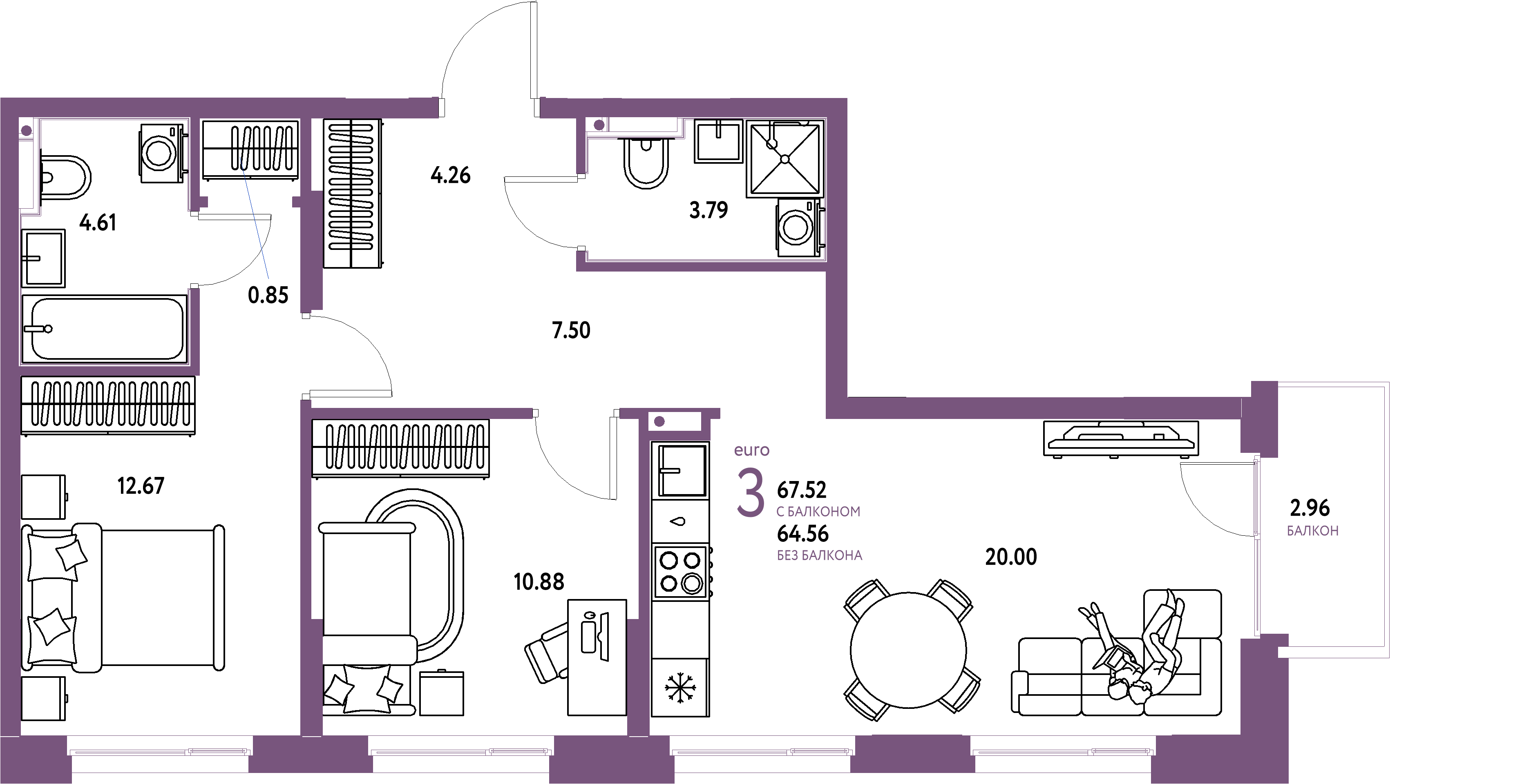 ЖК "Домашний"-3-комнатная 67.63 м²