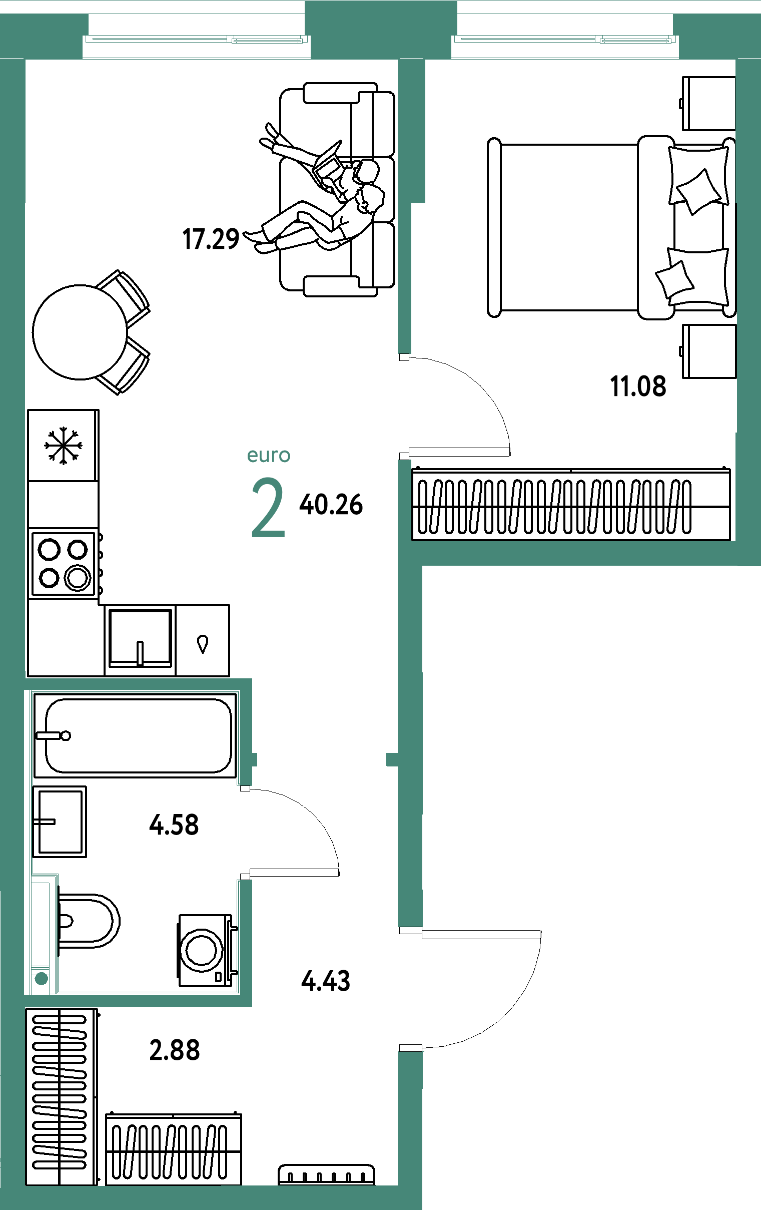 ЖК "Домашний"-2-комнатная 40.26 м²
