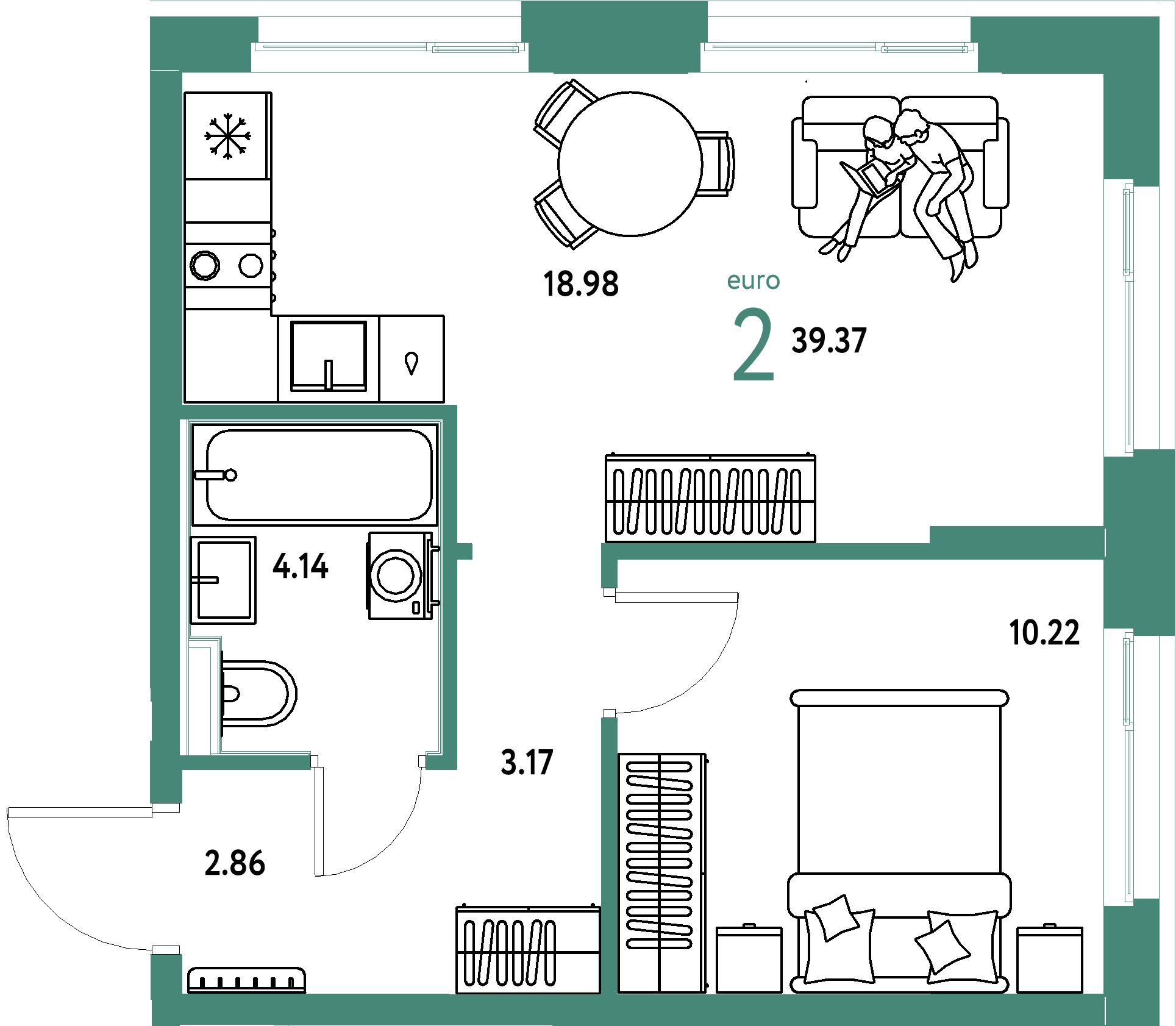 ЖК "Домашний"-2-комнатная 39.37 м²