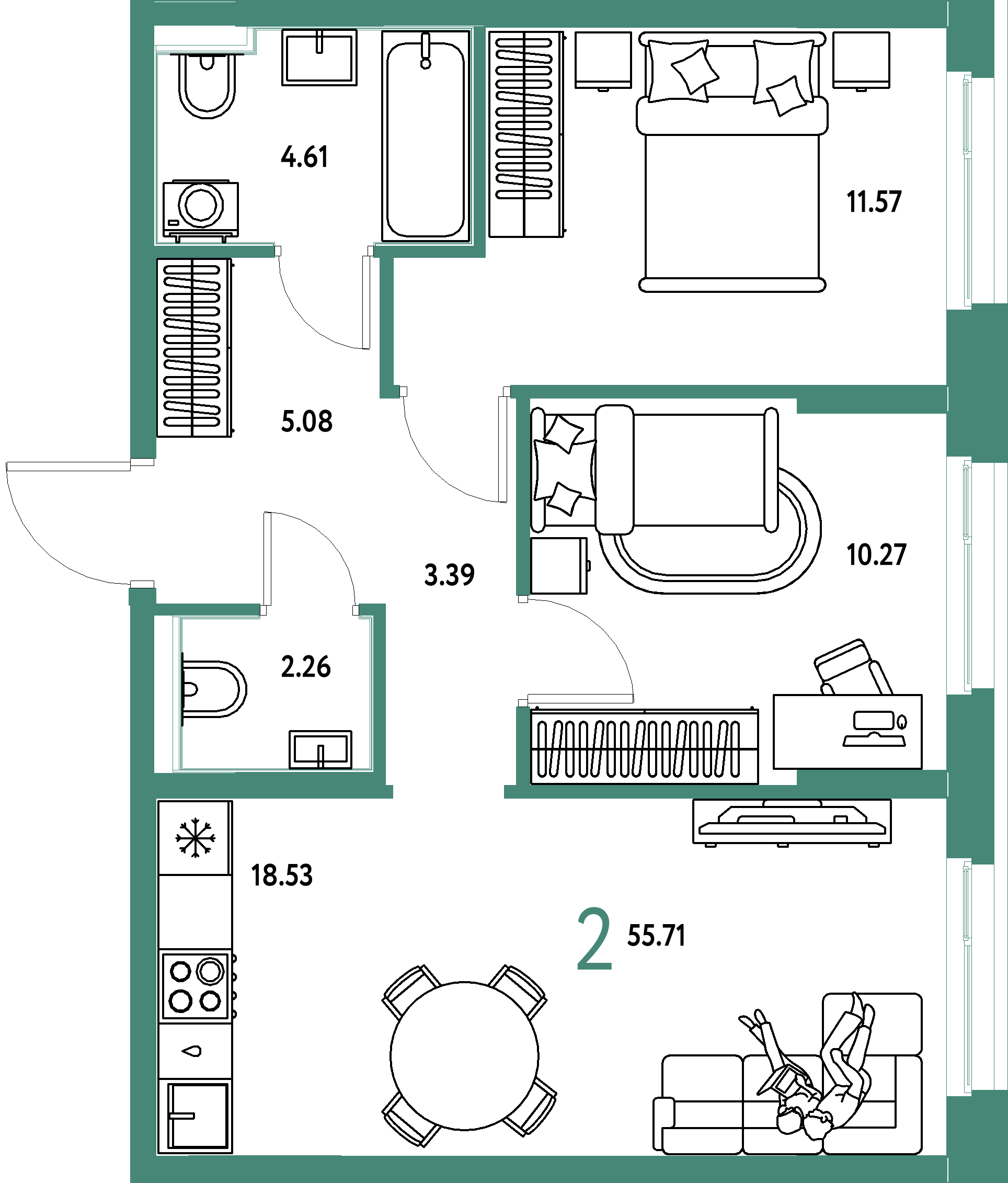 ЖК "Домашний"-2-комнатная 55.71 м²