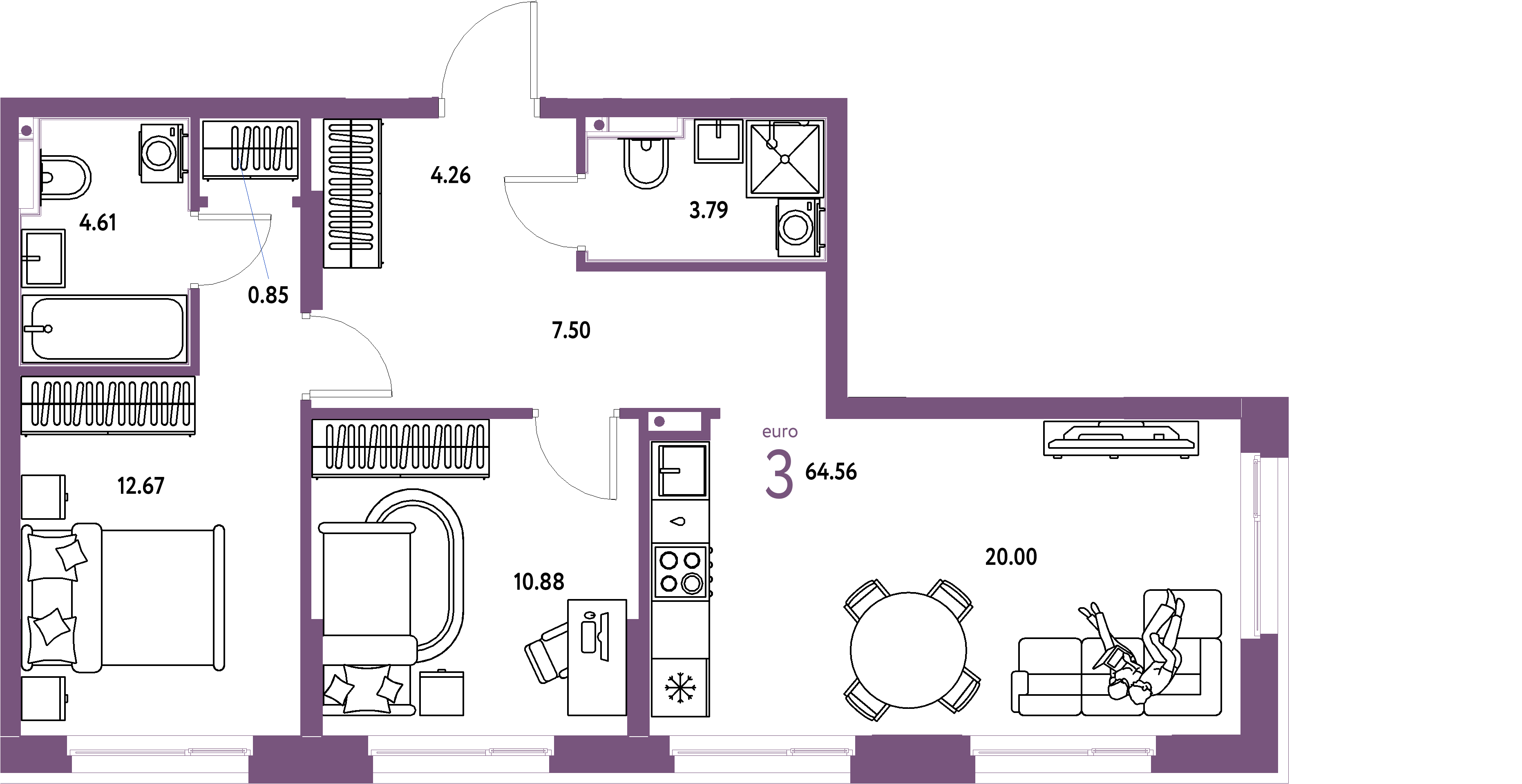 ЖК "Домашний"-3-комнатная 64.67 м²