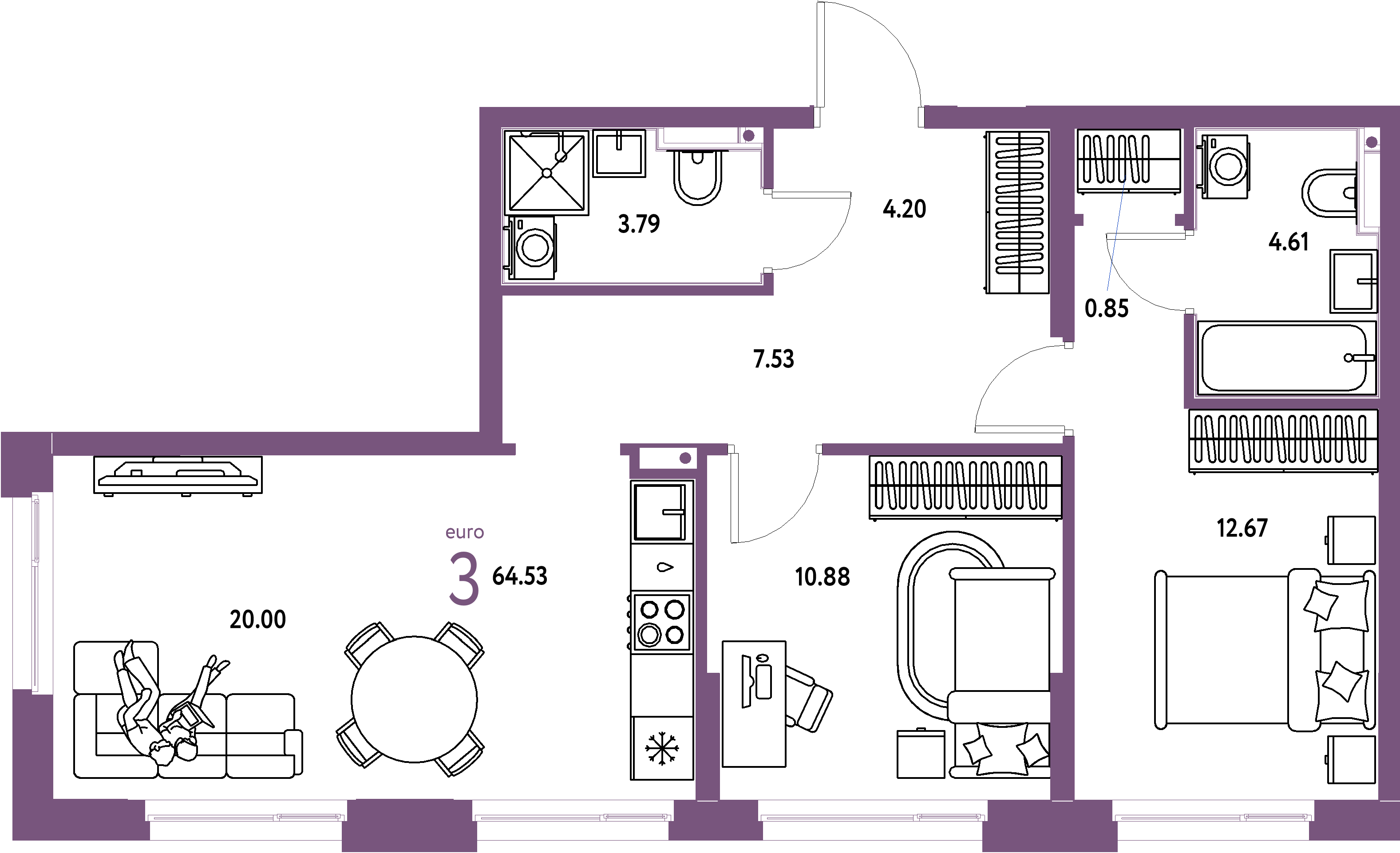 ЖК "Домашний"-3-комнатная 64.64 м²