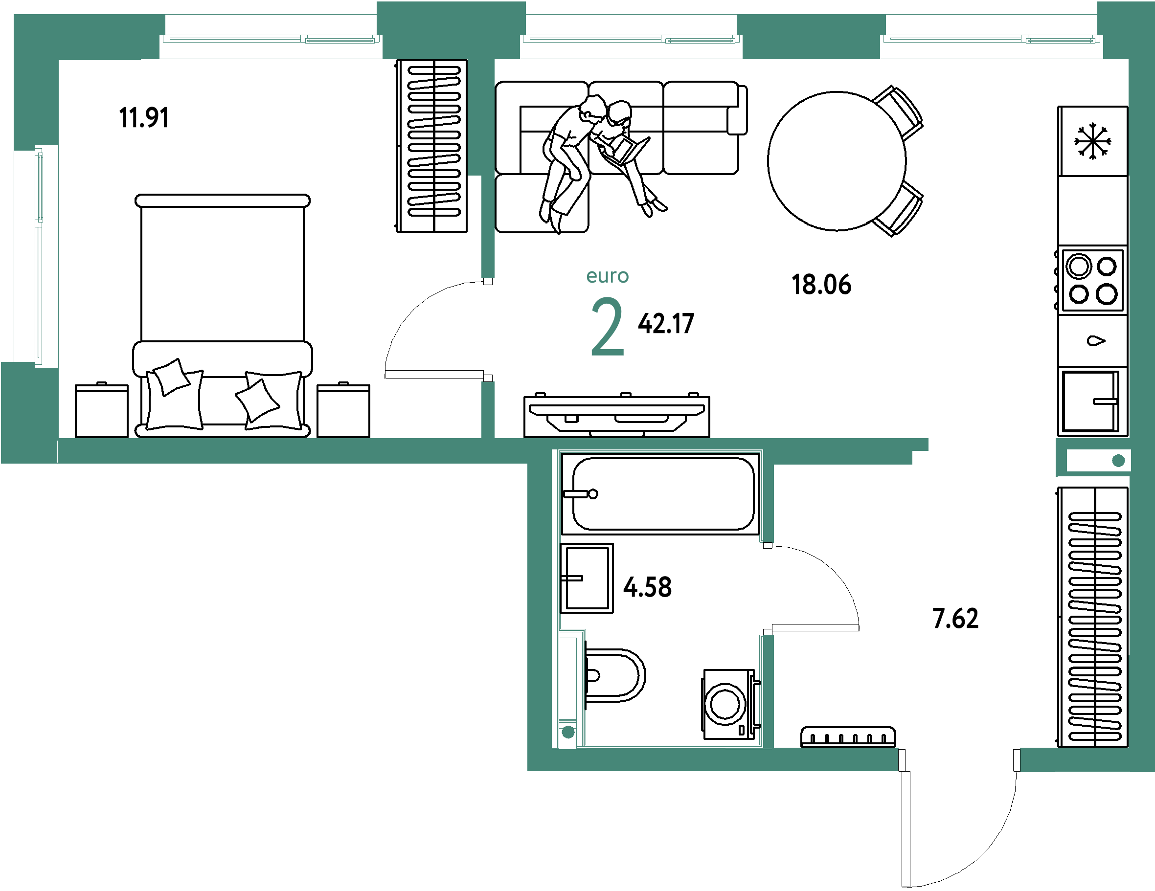 ЖК "Домашний"-2-комнатная 42.17 м²