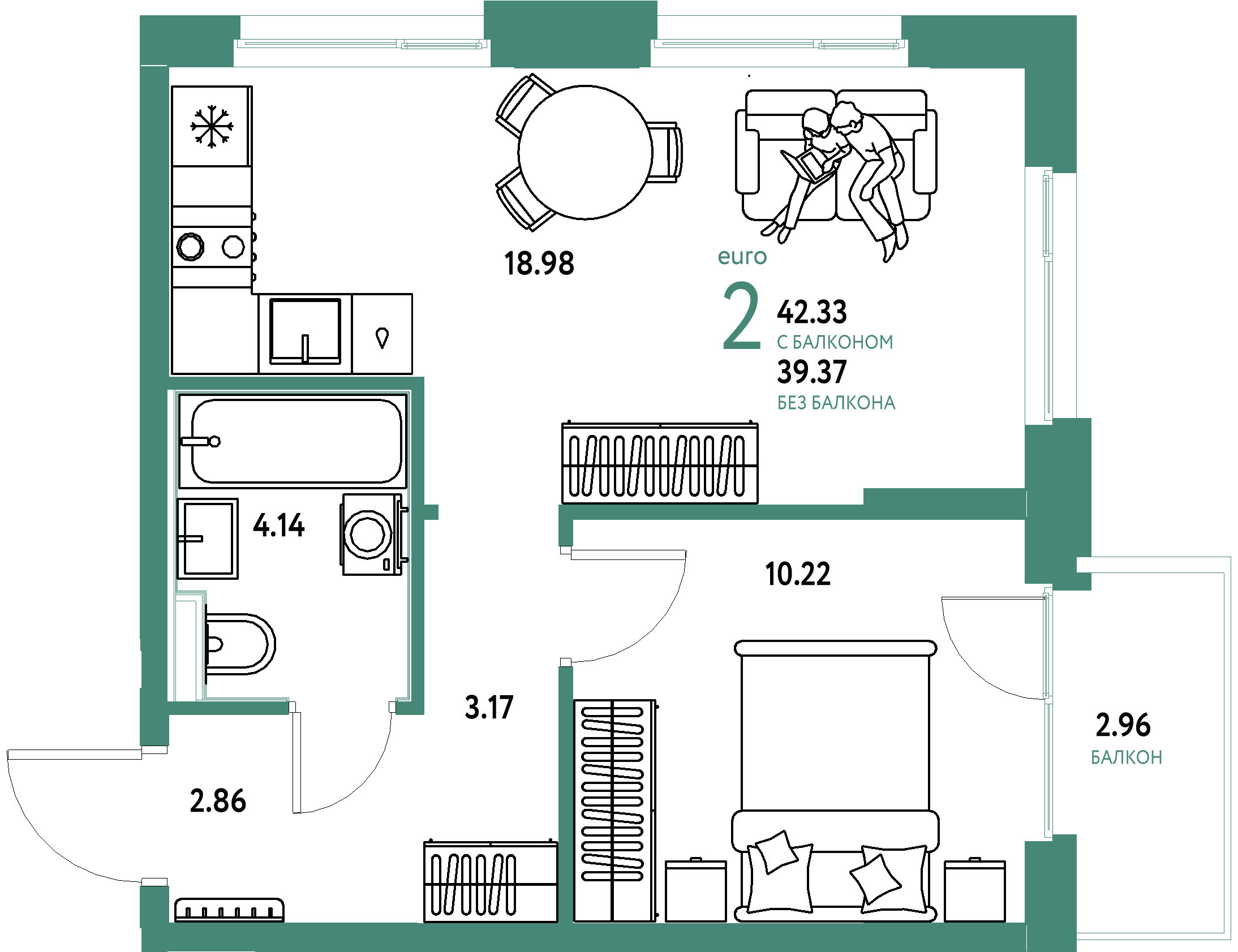 ЖК "Домашний"-2-комнатная 42.33 м²