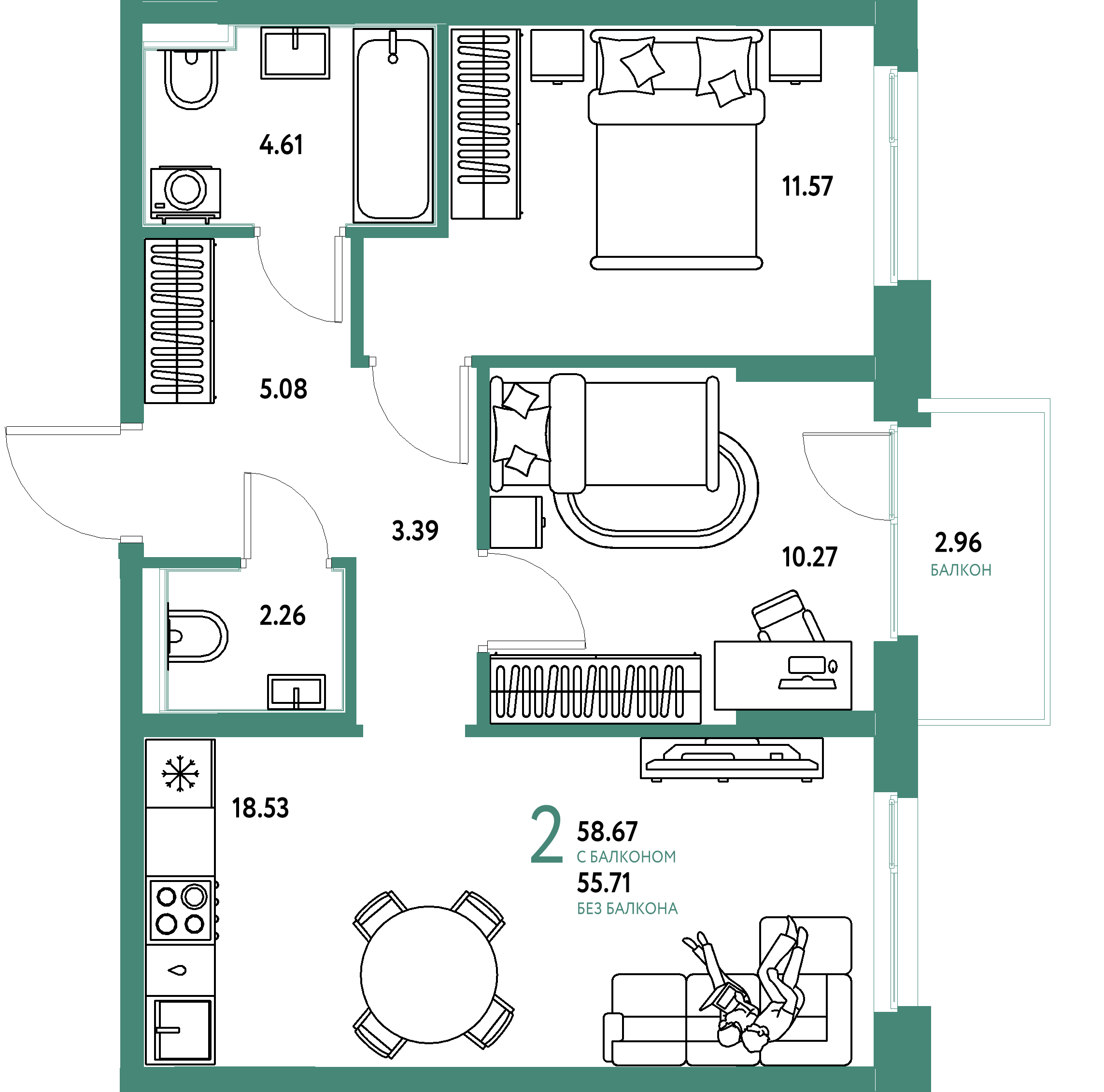 ЖК "Домашний"-2-комнатная 58.67 м²