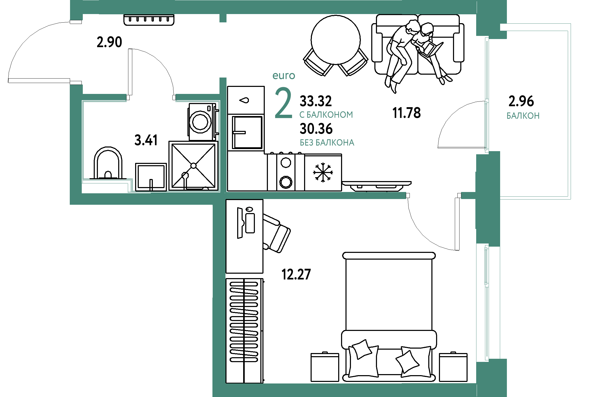 ЖК "Домашний"-2-комнатная 33.32 м²