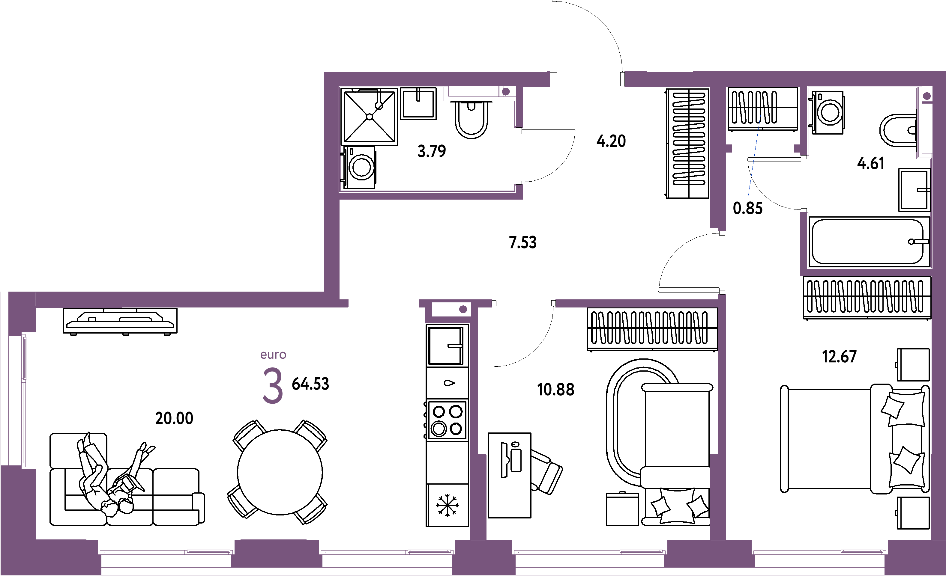 ЖК "Домашний"-3-комнатная 64.64 м²