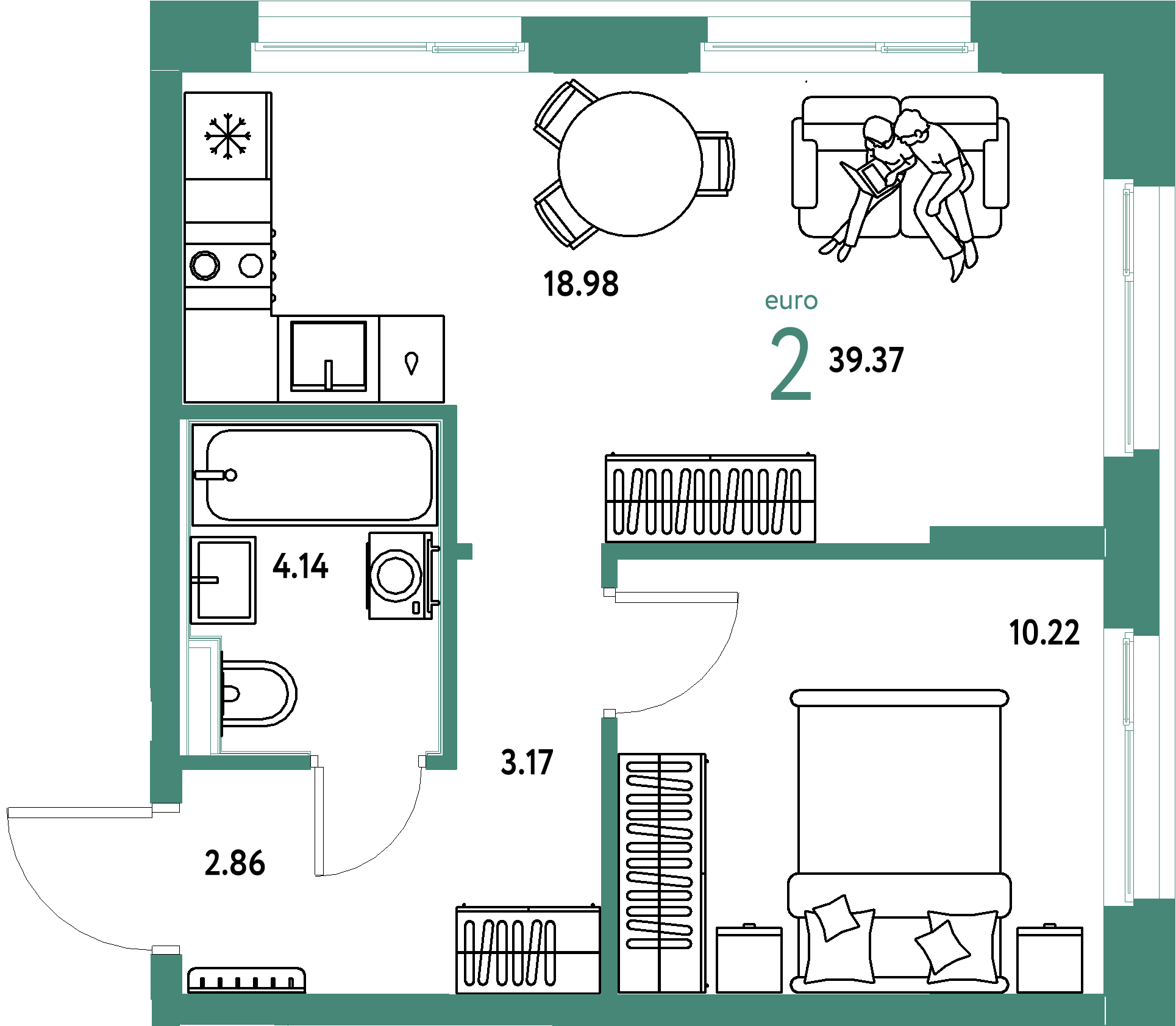 ЖК "Домашний"-2-комнатная 39.37 м²