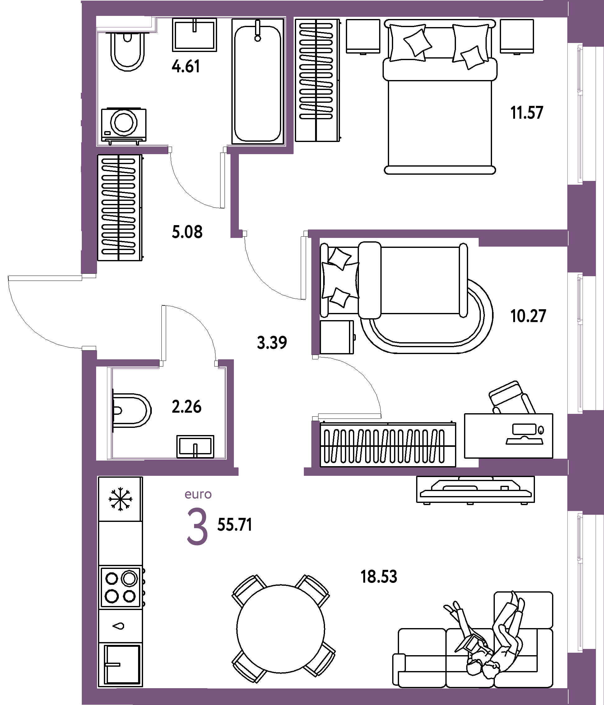 ЖК "Домашний"-3-комнатная 55.71 м²