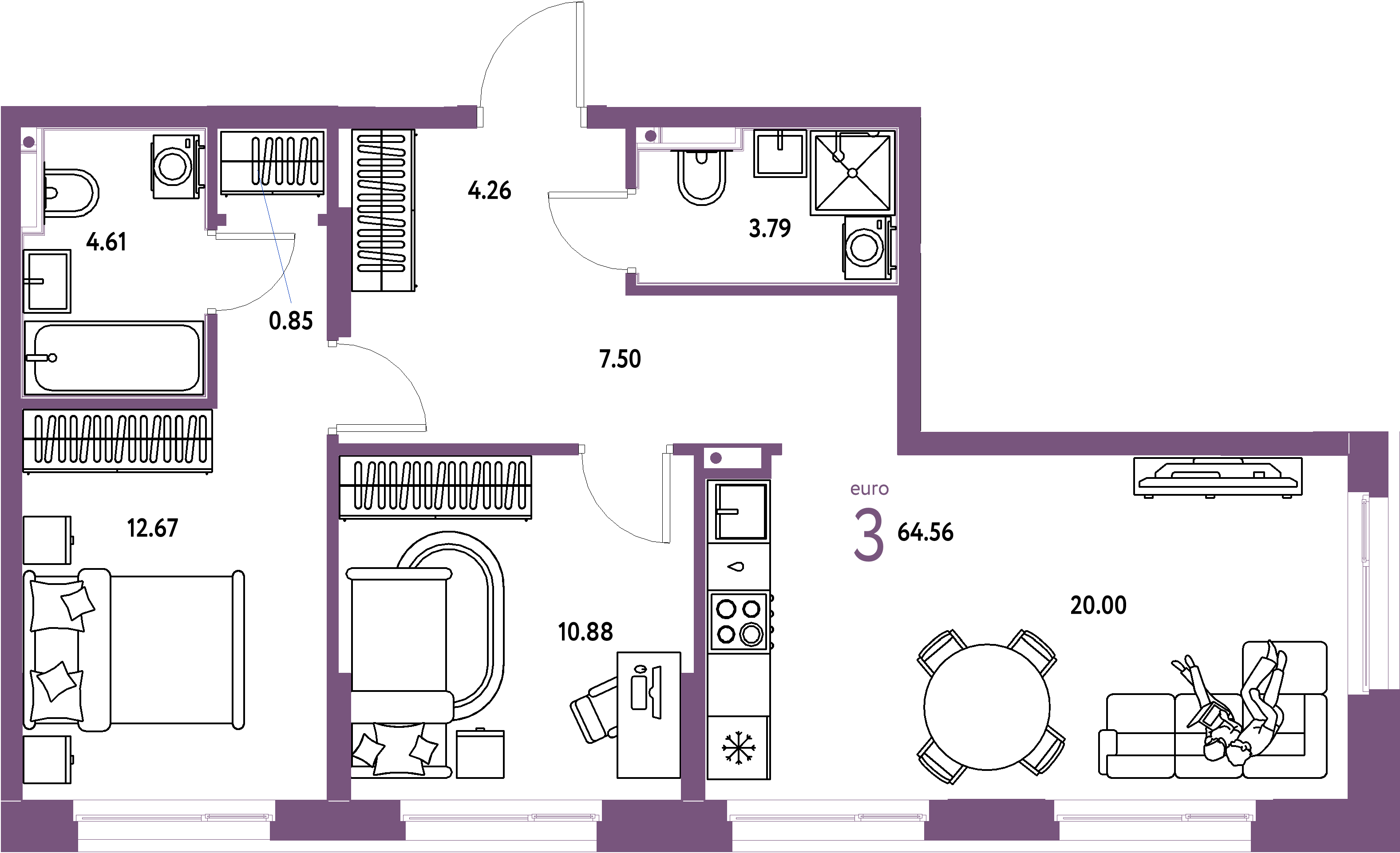 ЖК "Домашний"-3-комнатная 64.67 м²