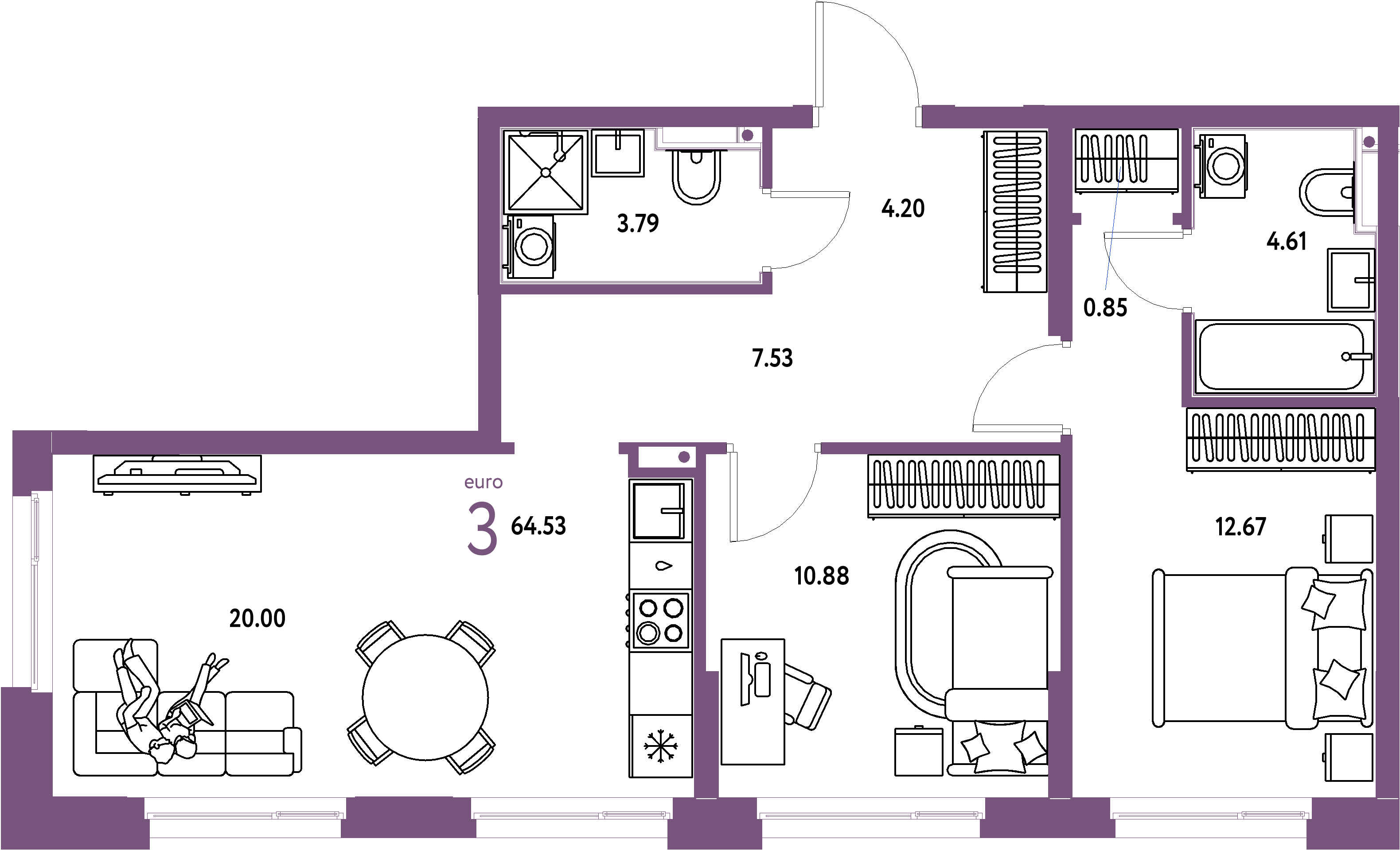 ЖК "Домашний"-3-комнатная 64.64 м²